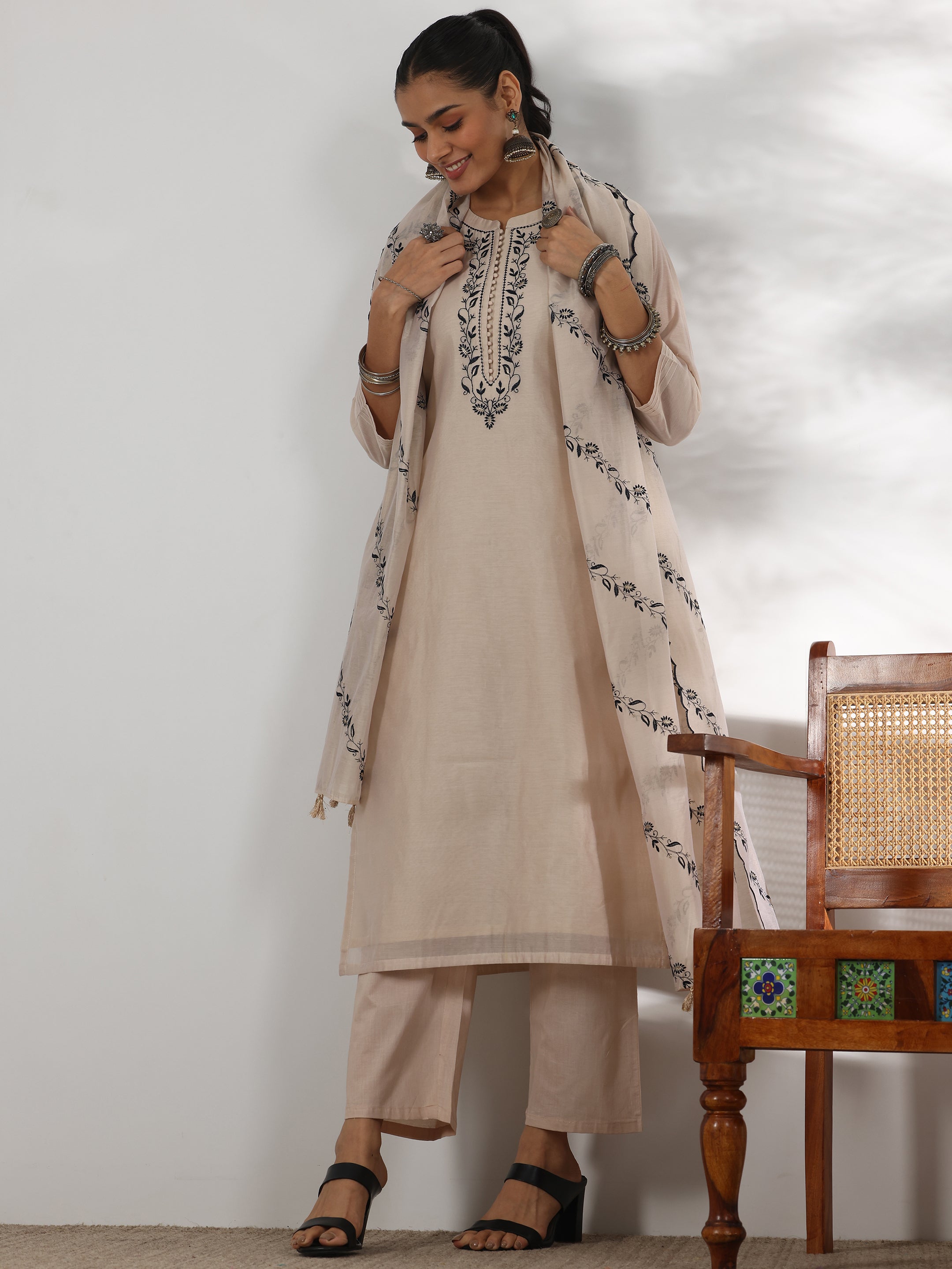 Beige Yoke Design Chanderi Silk Straight Suit With Dupatta