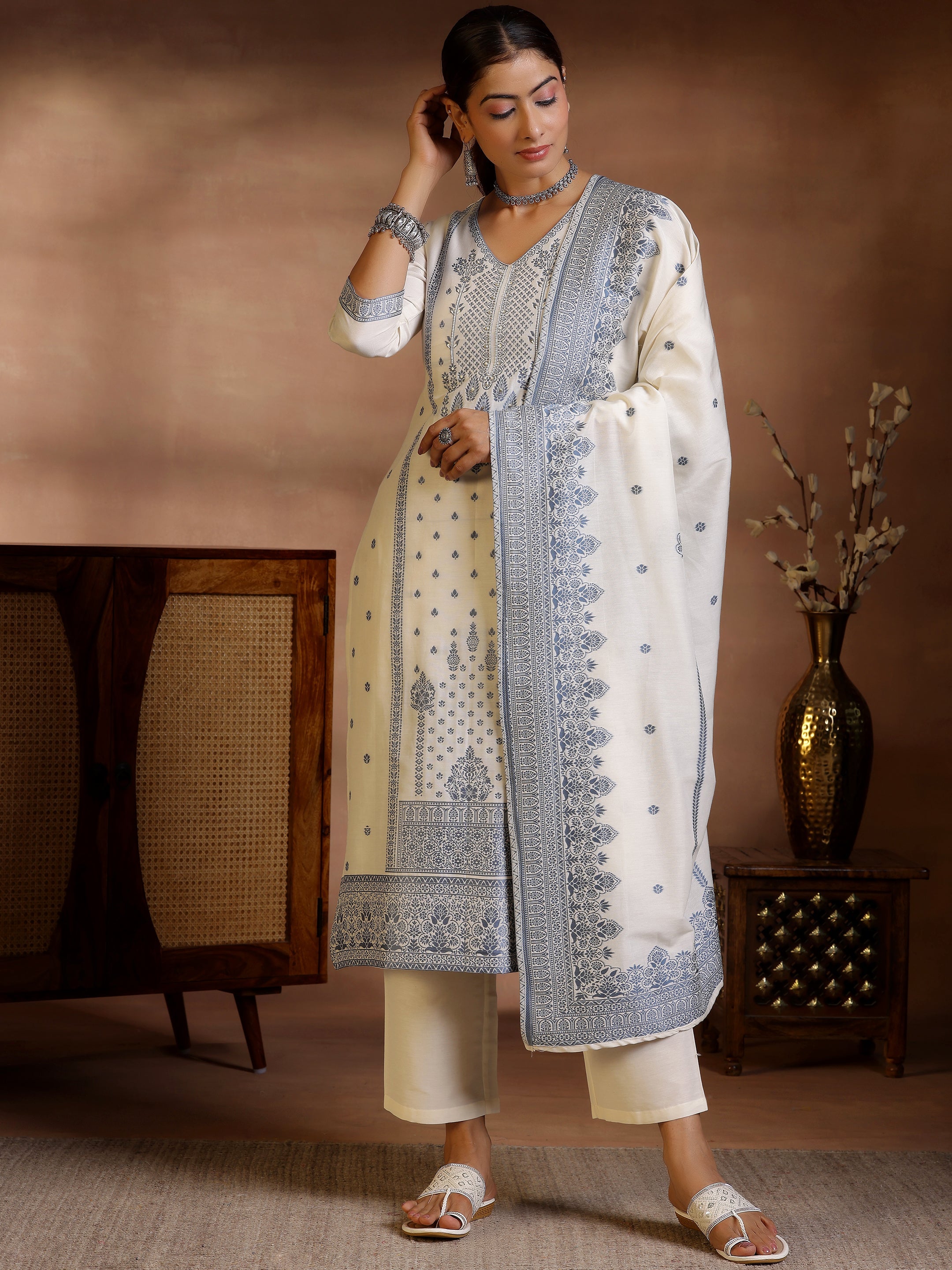 Off White Woven Design Chanderi Silk Straight Suit With Dupatta