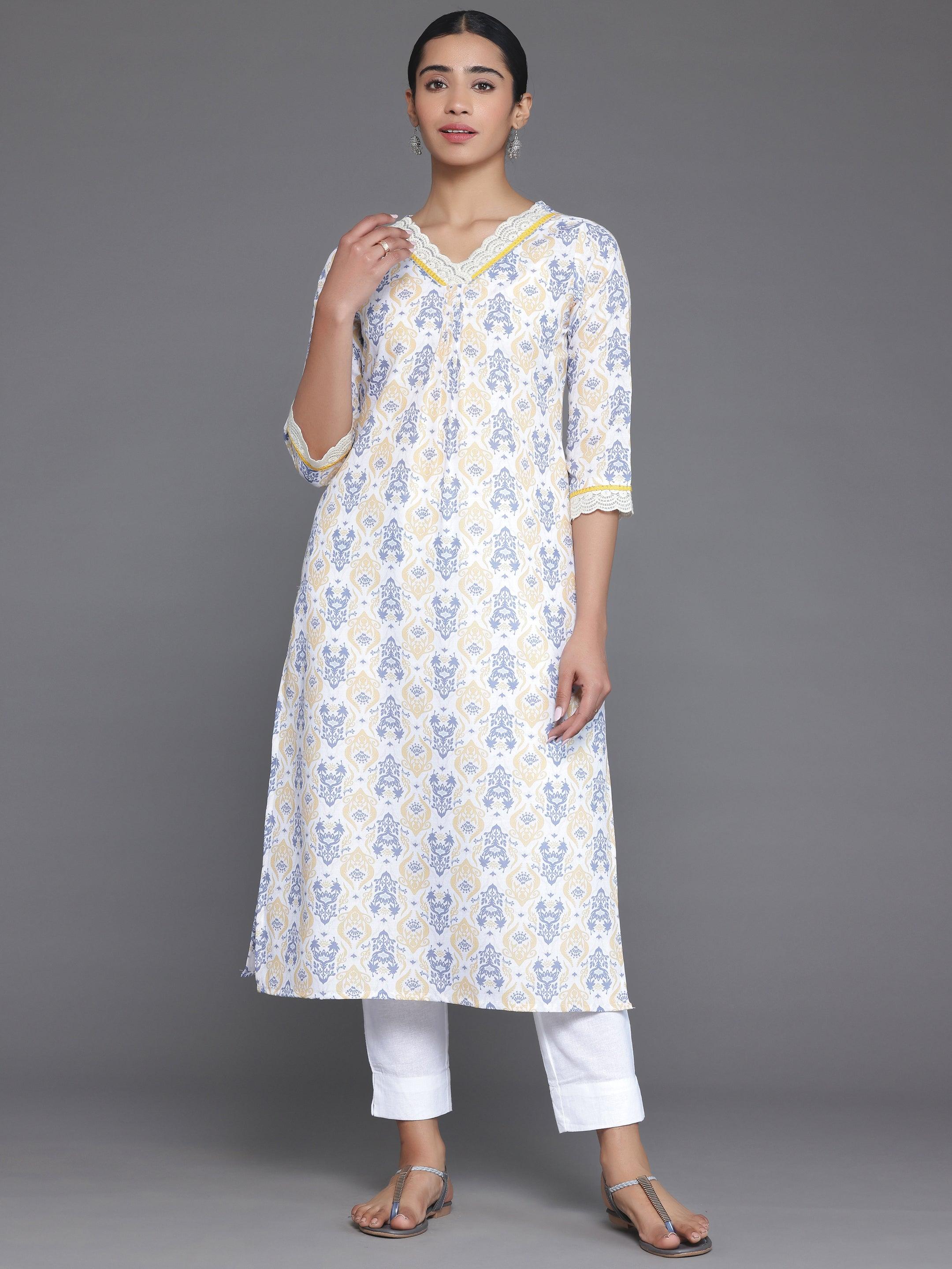 Off White Printed Cotton Straight Kurta