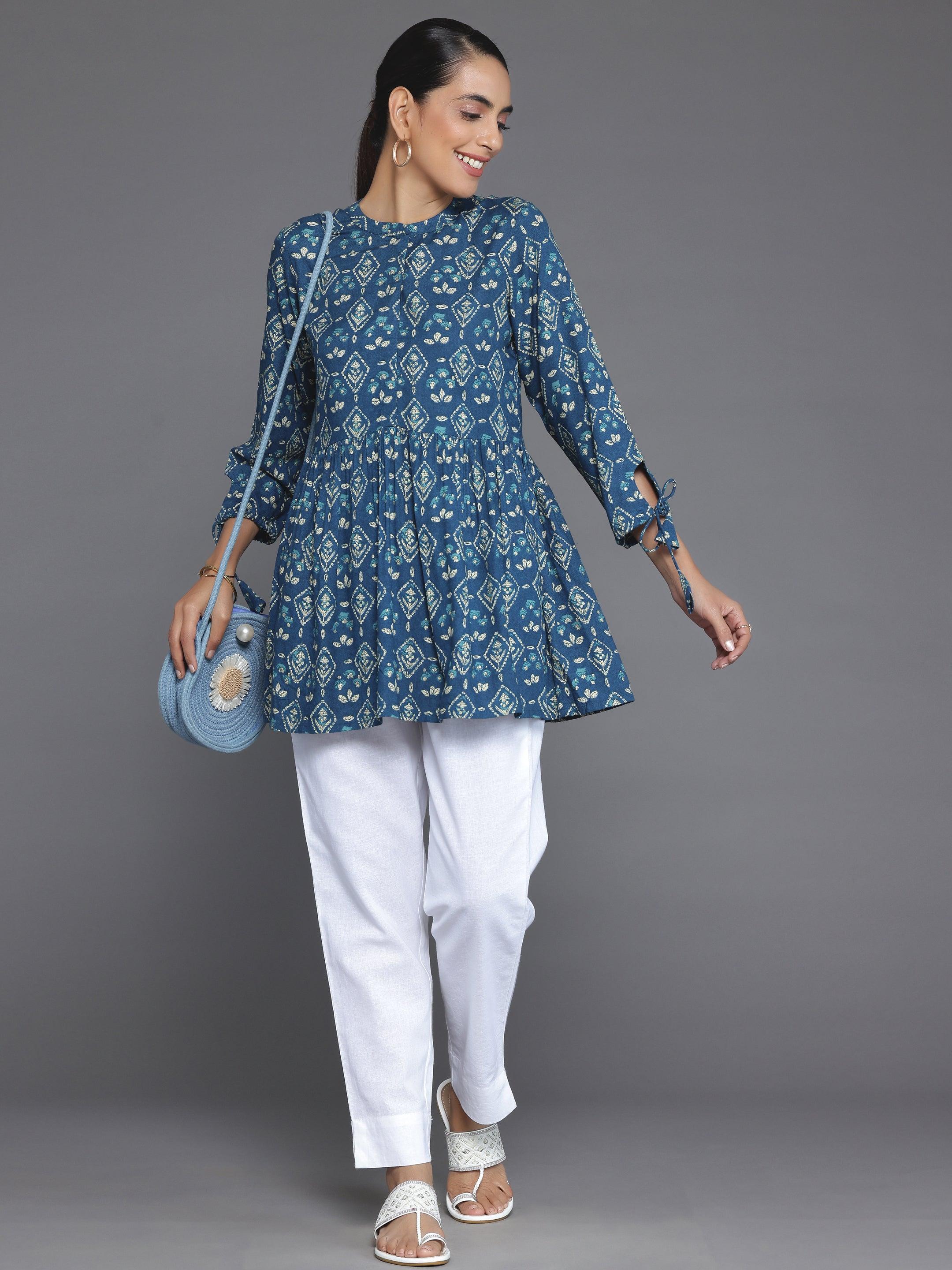 Blue Printed Rayon A-Line Kurti