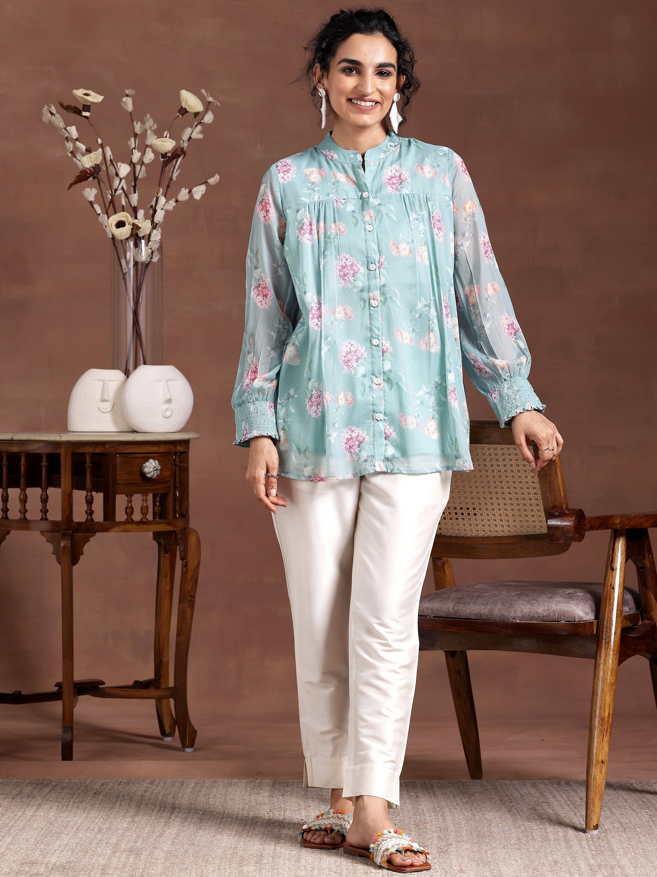 Blue Printed Chiffon A-Line Kurti