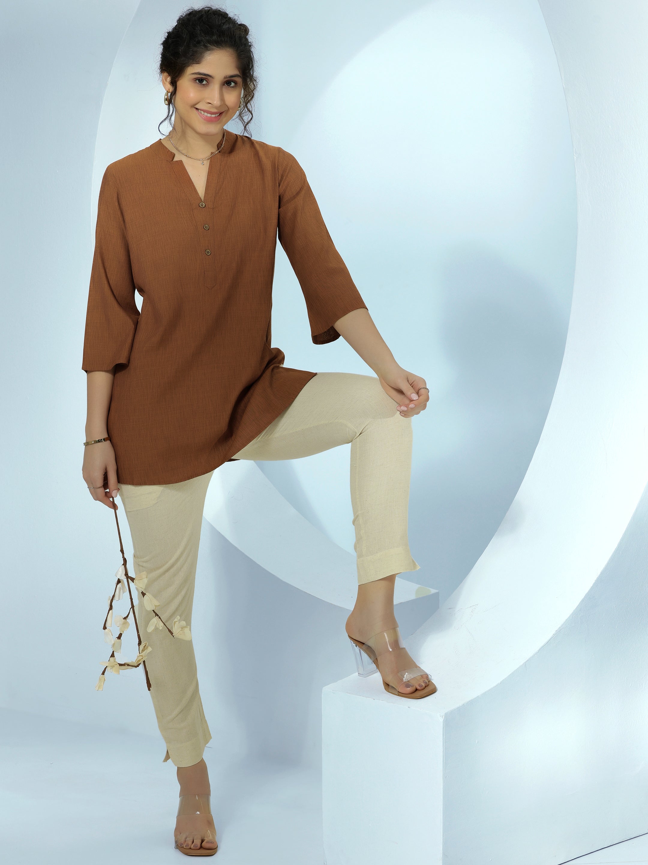 Brown Solid Cotton Blend Straight Kurti