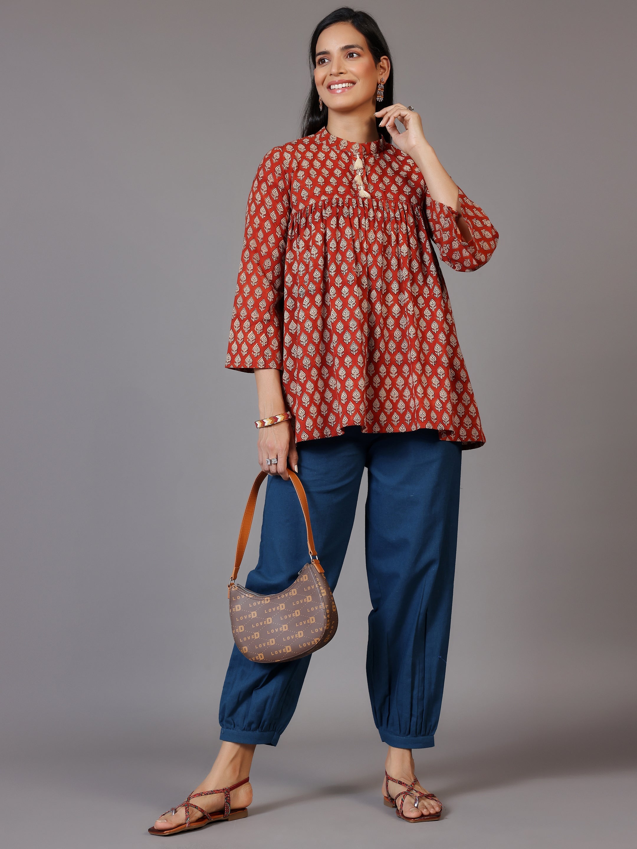 Rust Printed Cotton A-Line Kurti