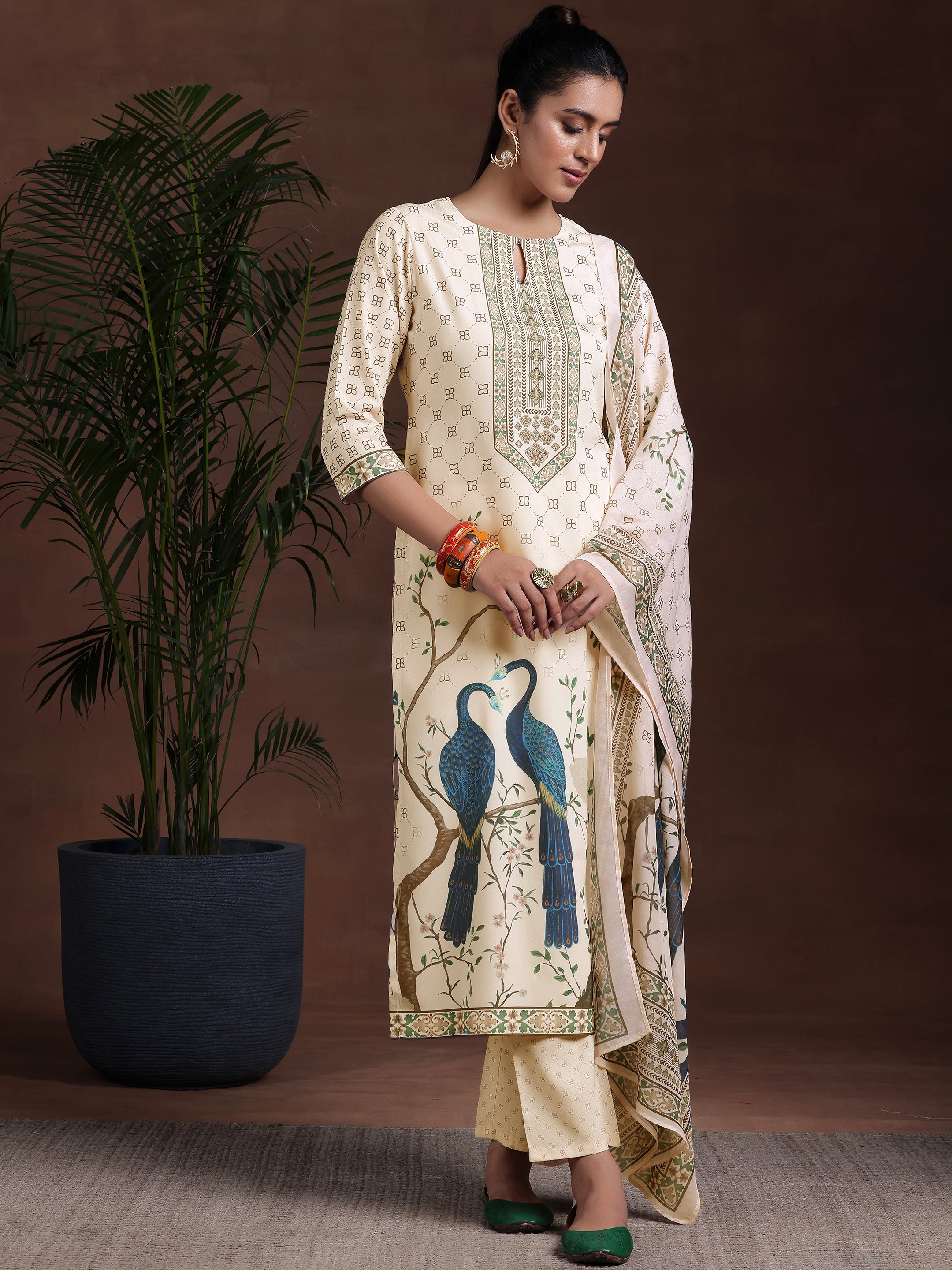 Off White Printed Poly Crepe Straight Suit With Dupatta