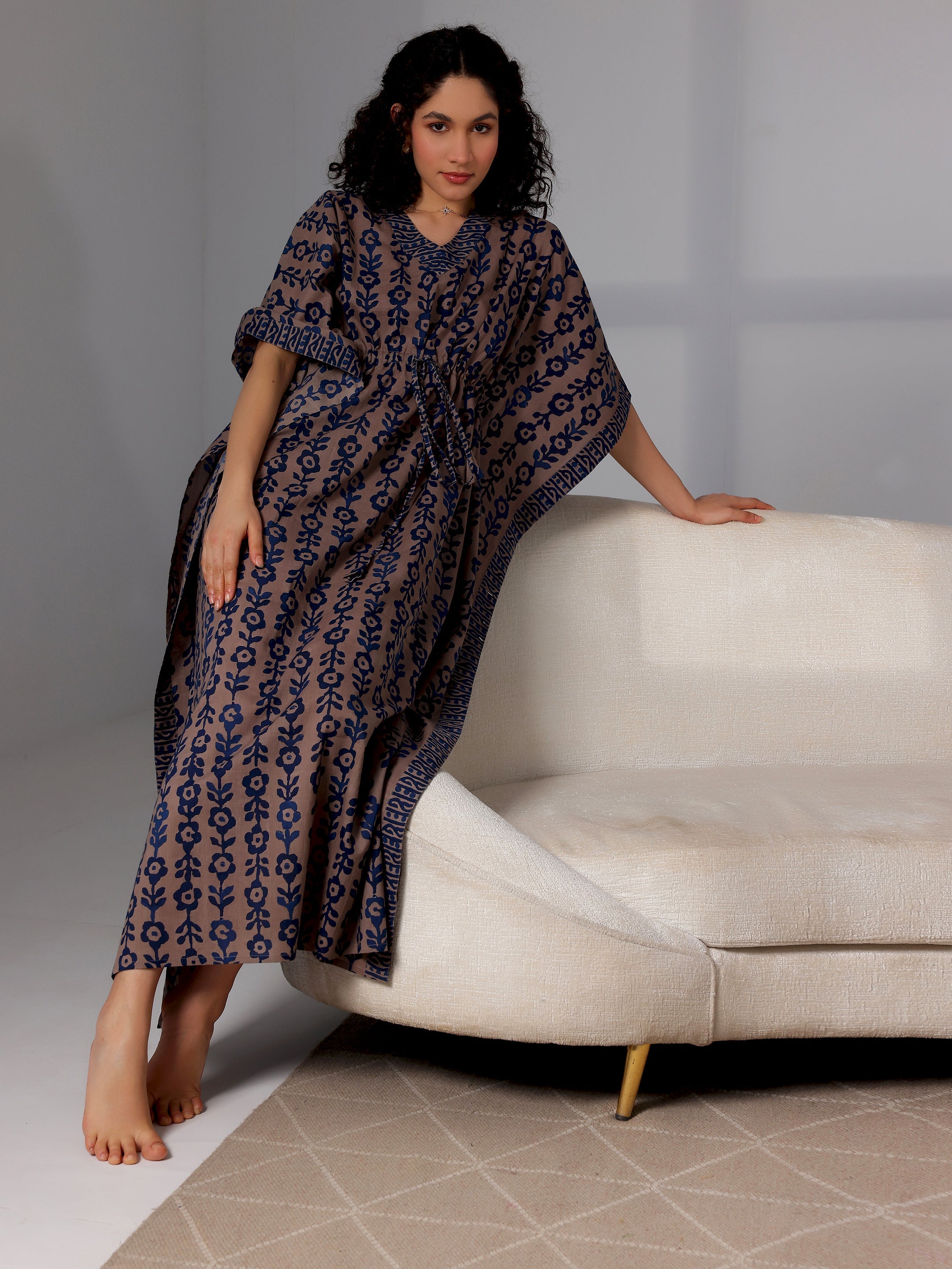 Blue Printed Cotton Kaftan Night Dress