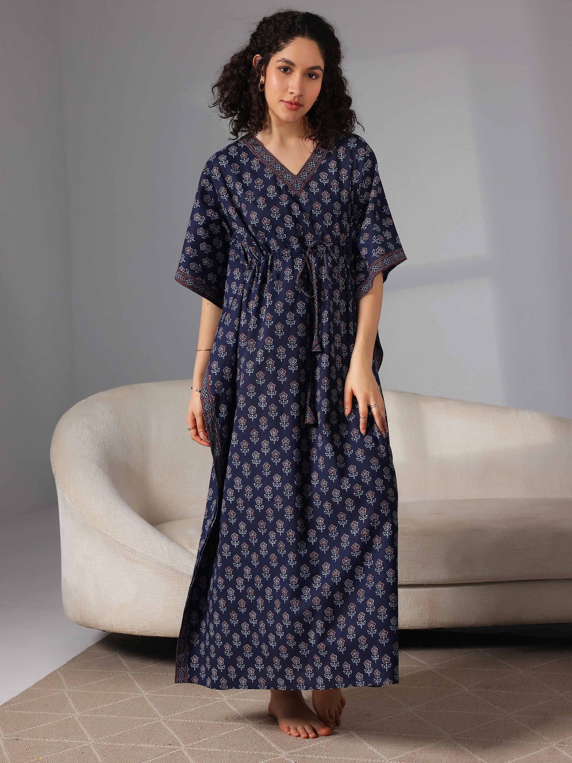 Navy Blue Printed Cotton Kaftan Night Dress