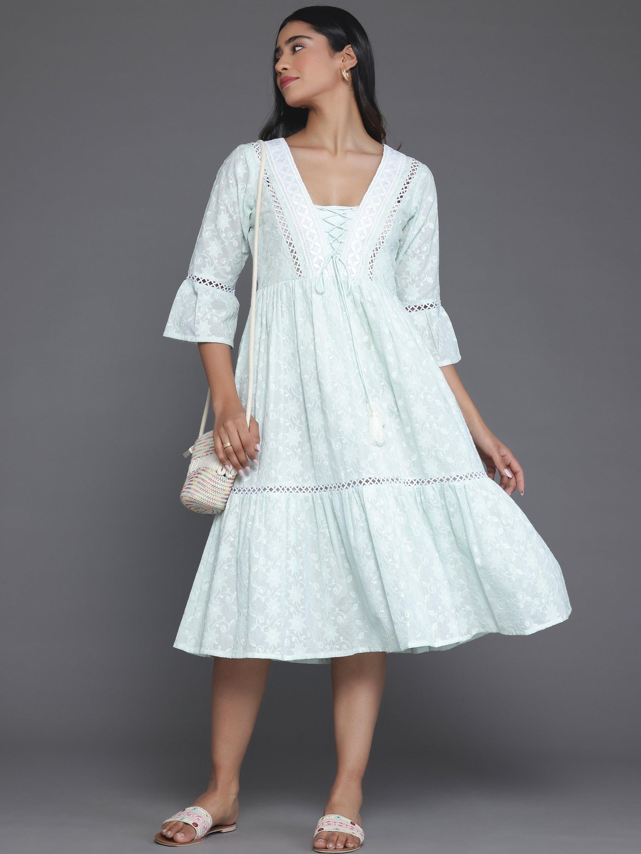 Sea Green Embroidered Cotton Fit and Flare Dress