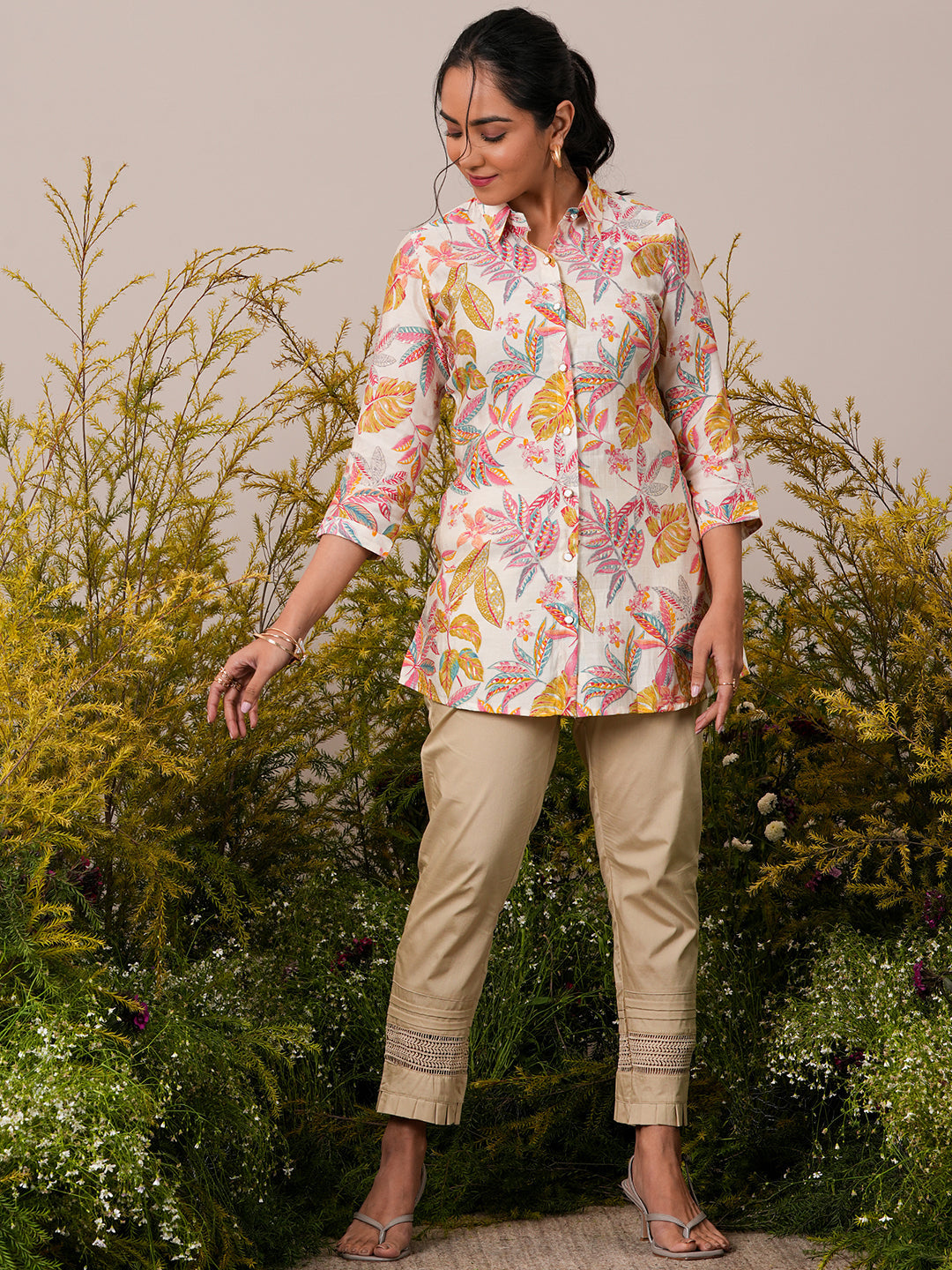 Cream Printed Silk Blend A-Line Kurti