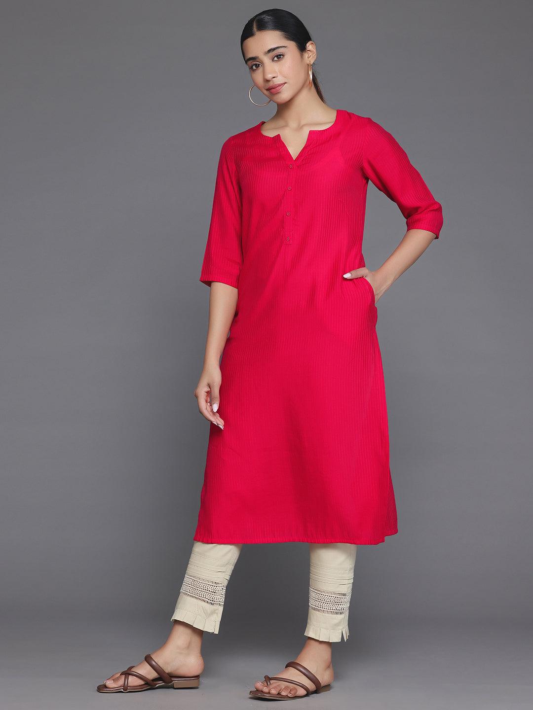 Red Woven Design Silk Straight Kurta