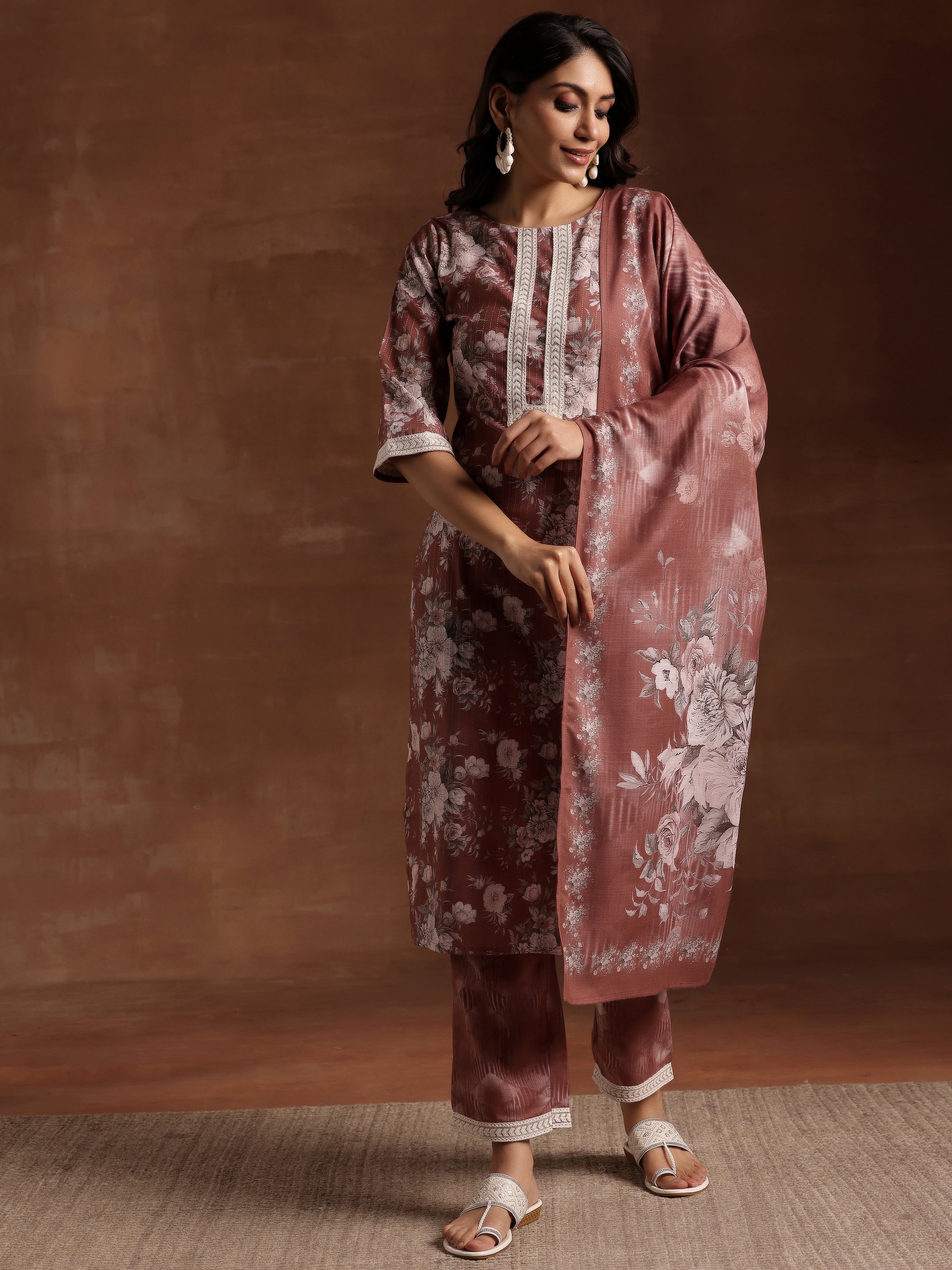 Brown Printed Cotton Straight Suit With Dupatta