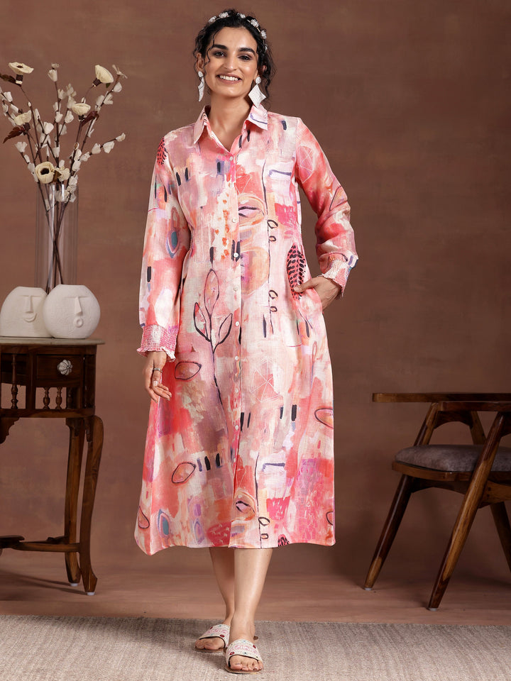 Peach Printed Linen A-Line Dress