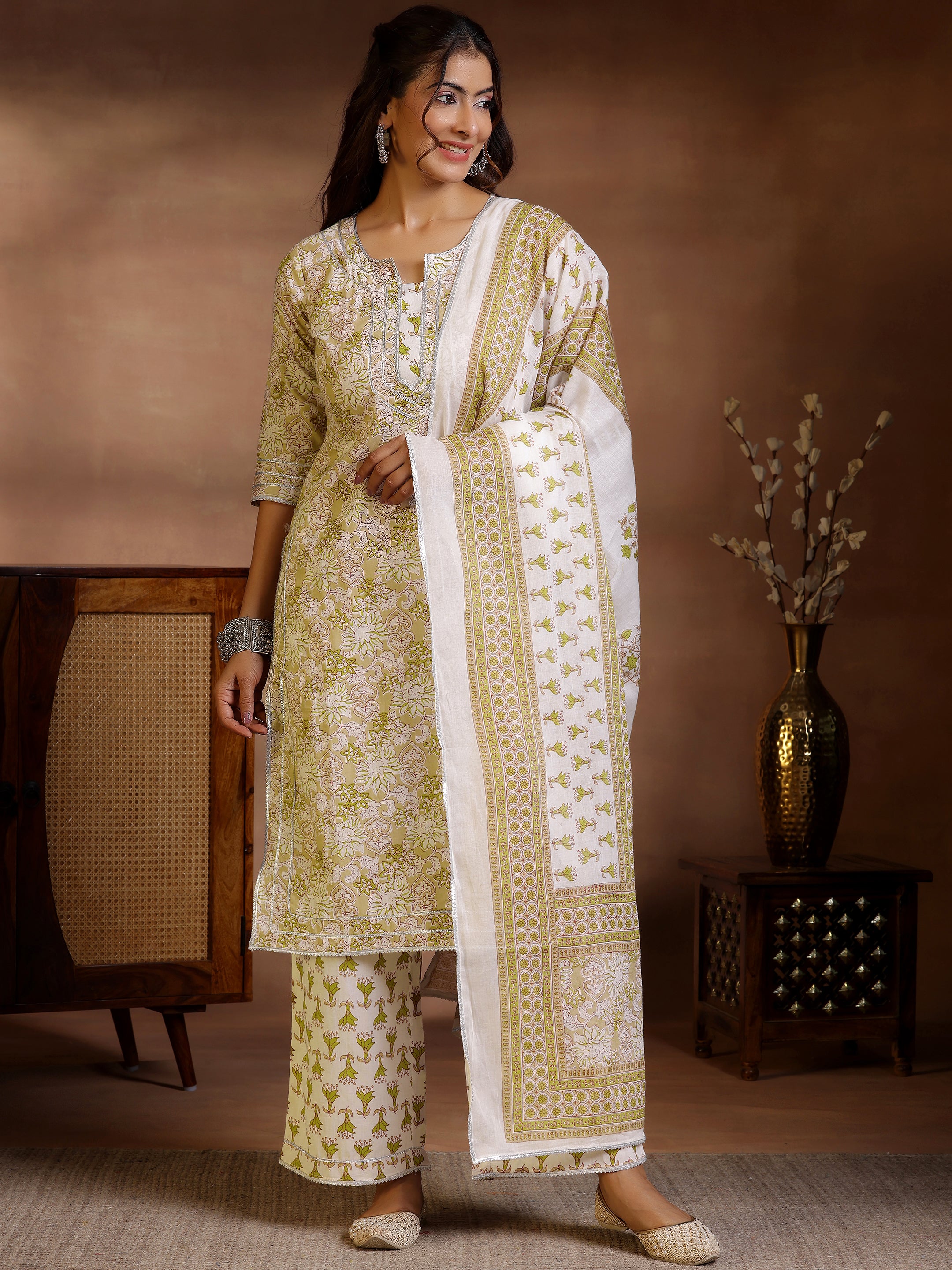 Beige Printed Cotton Straight Suit With Dupatta