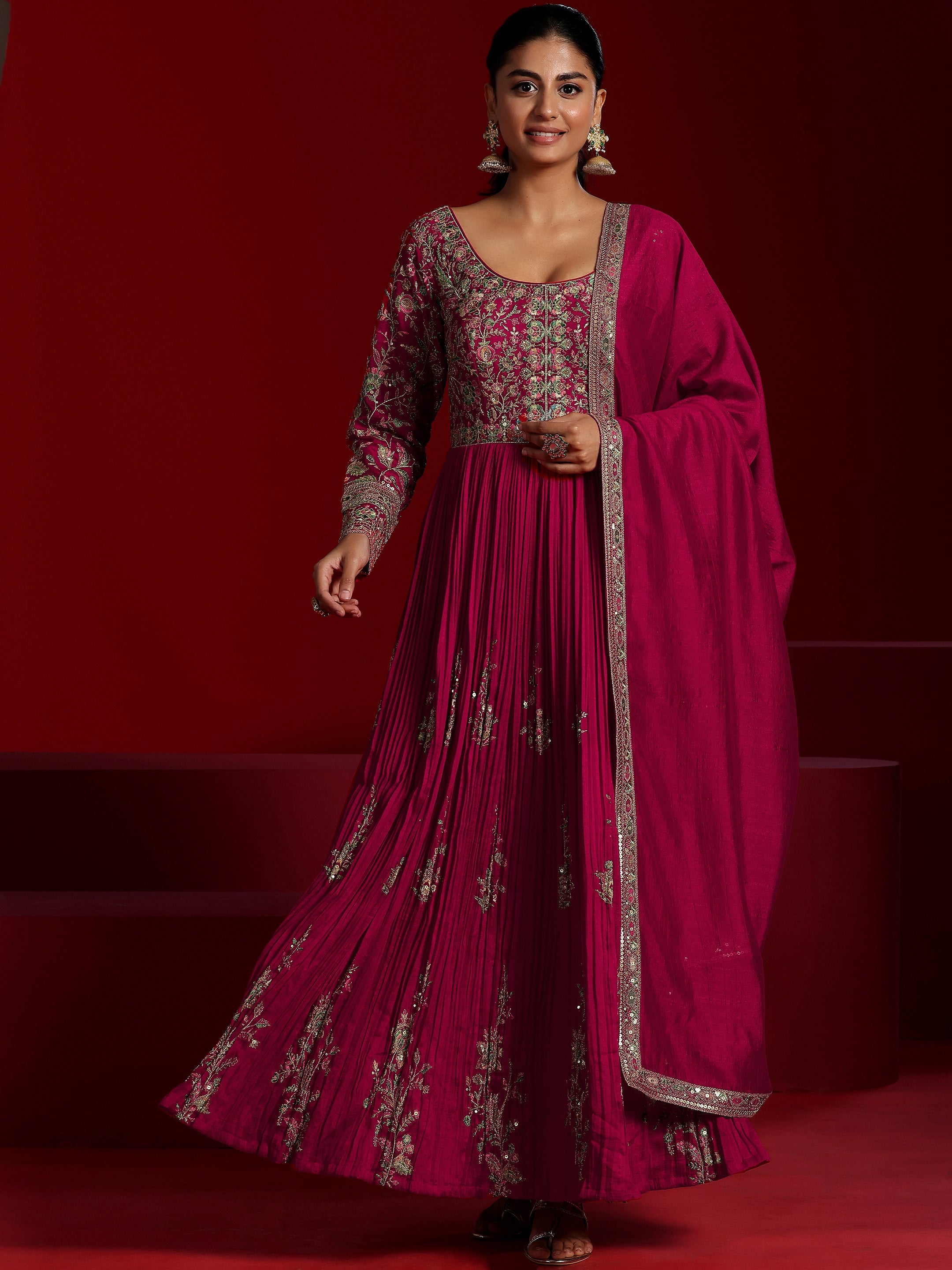 Libas Art Pink Embroidered Silk Blend A-Line Kurta With Trousers & Dupatta