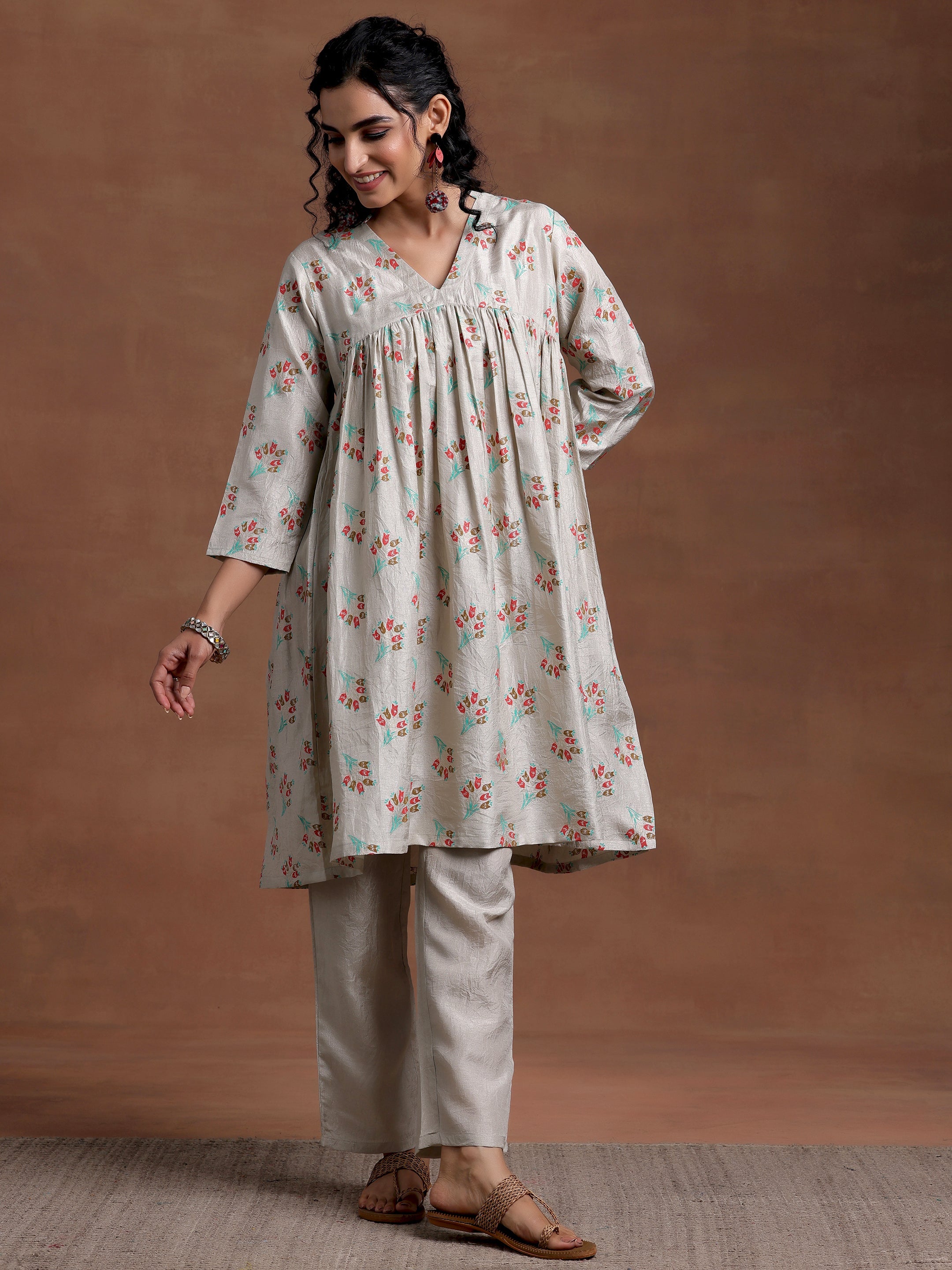 Grey Printed Silk Blend A-Line Kurta With Trousers