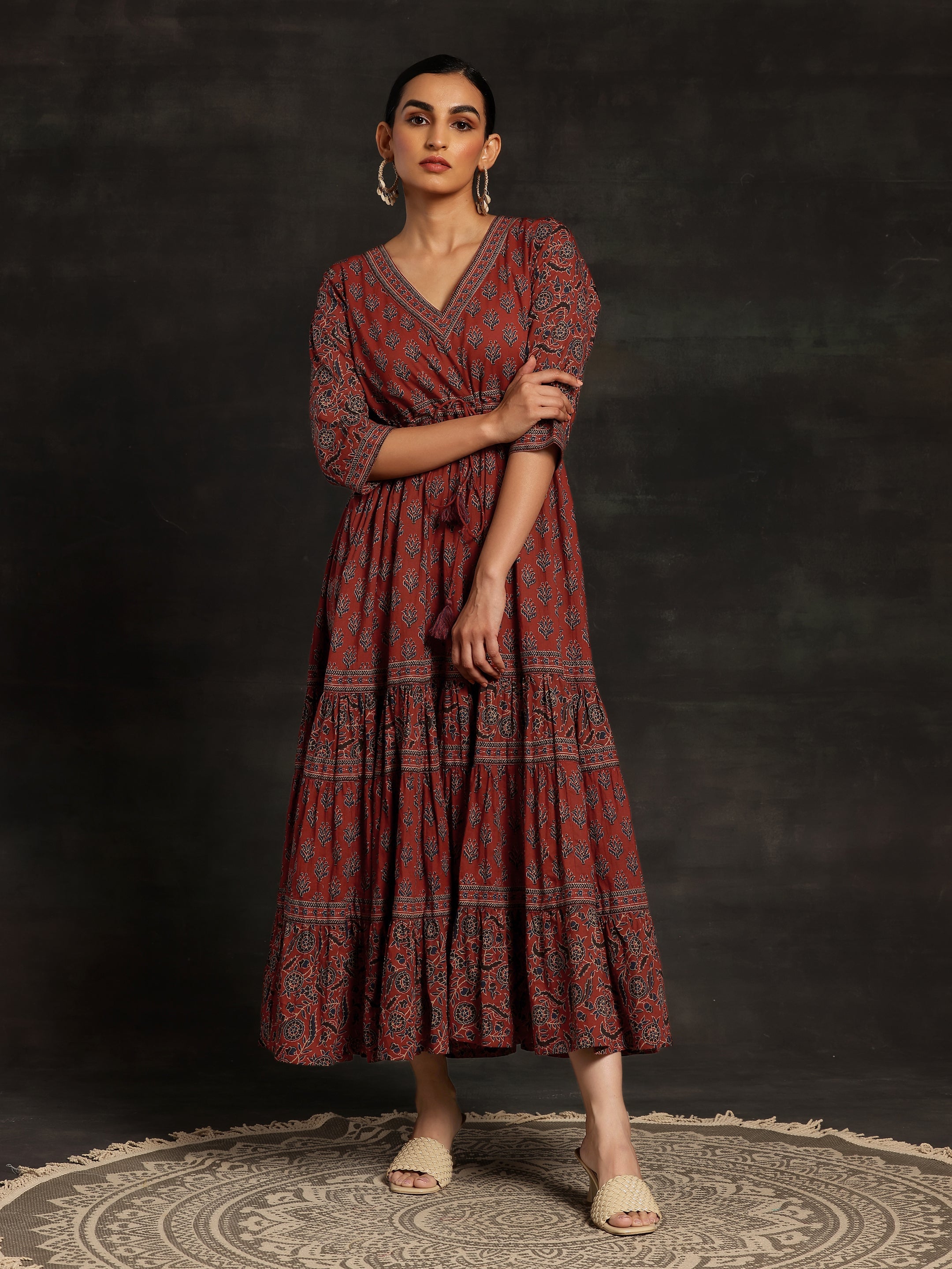 Maroon Printed Cotton A-Line Dress