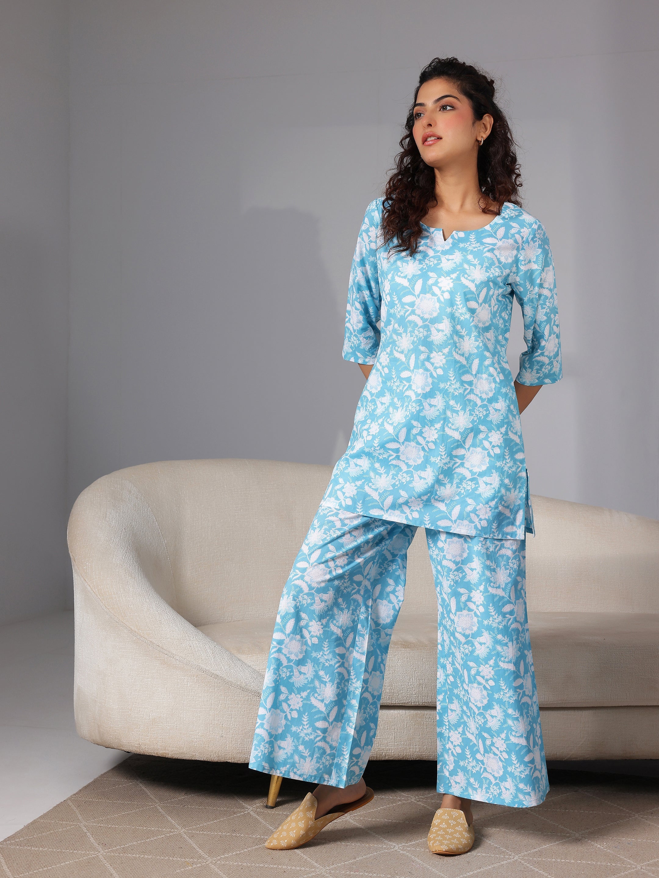 Blue Printed Cotton Night Suits