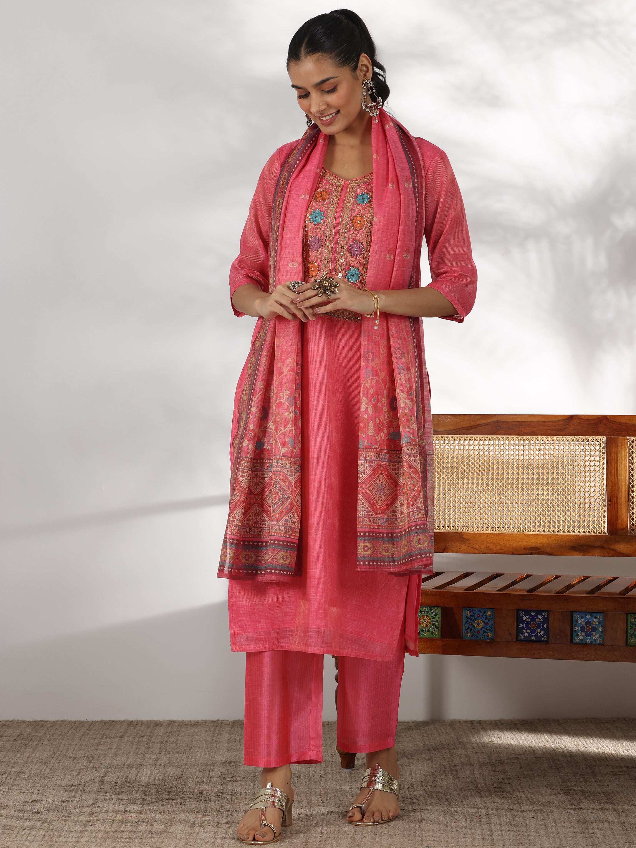 Pink Yoke Design Silk Blend Straight Suit With Dupatta