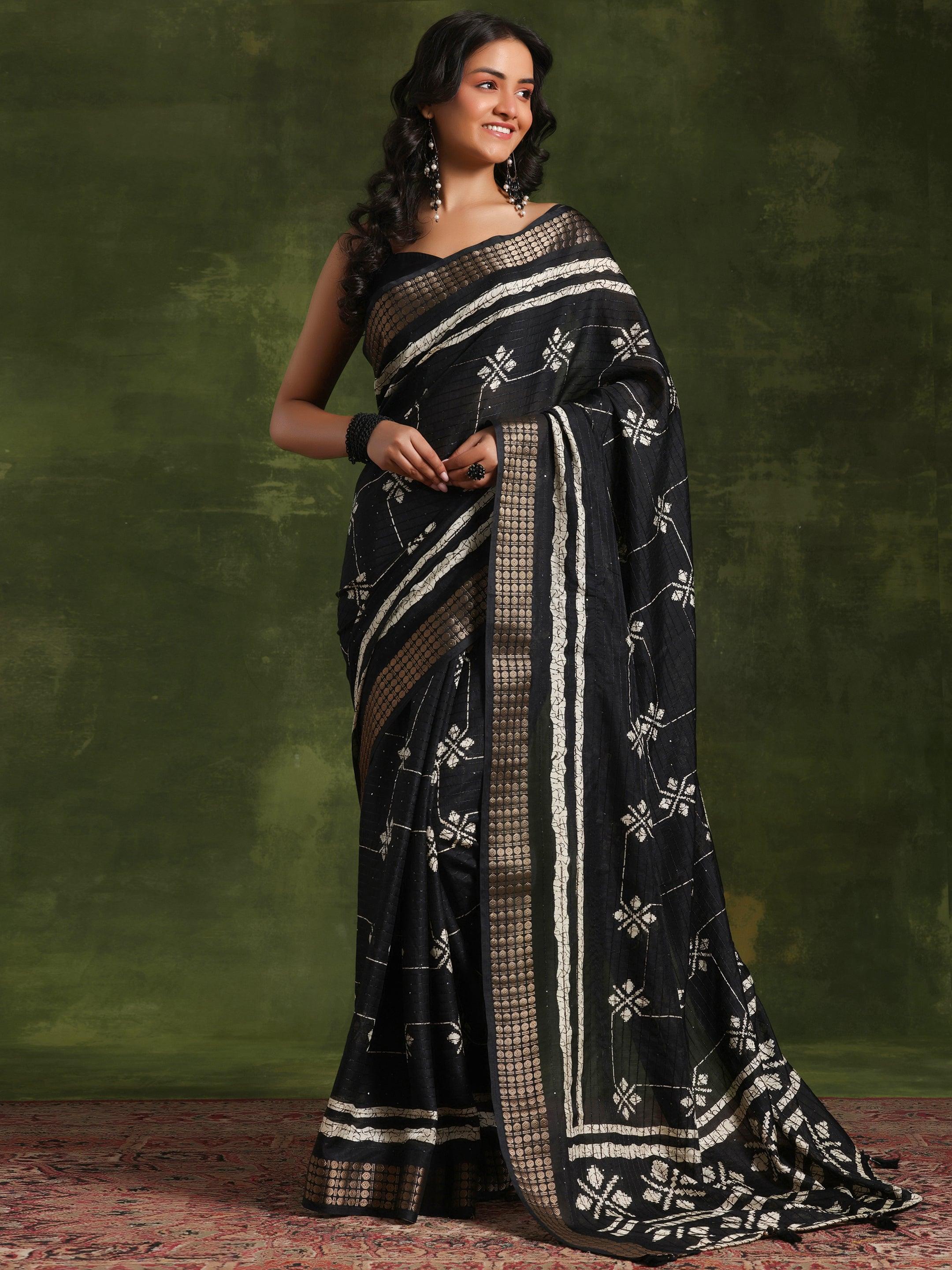 Black Printed Silk Blend Saree With Unstitched Blouse Piece