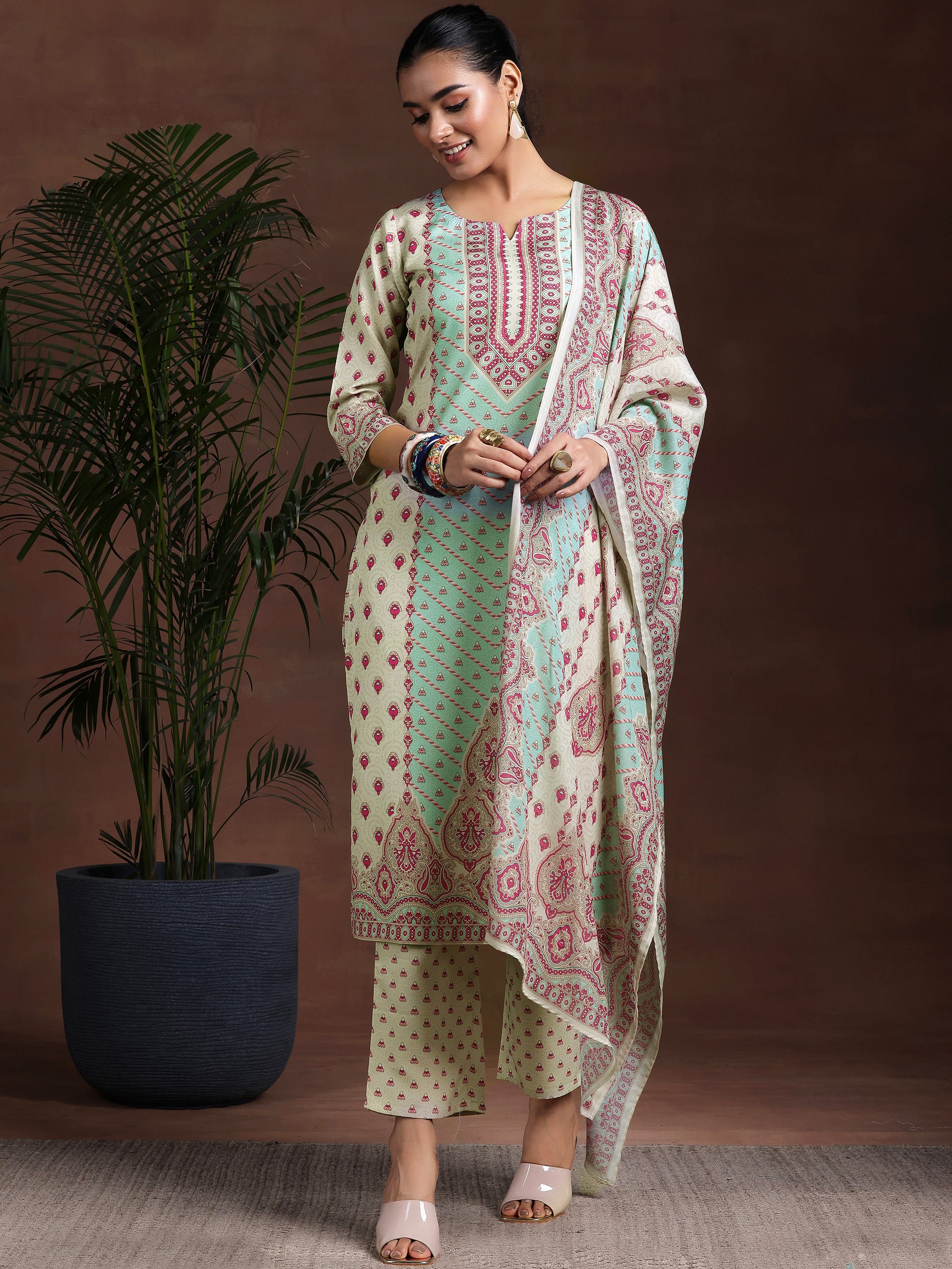 Beige Printed Poly Crepe Straight Suit With Dupatta