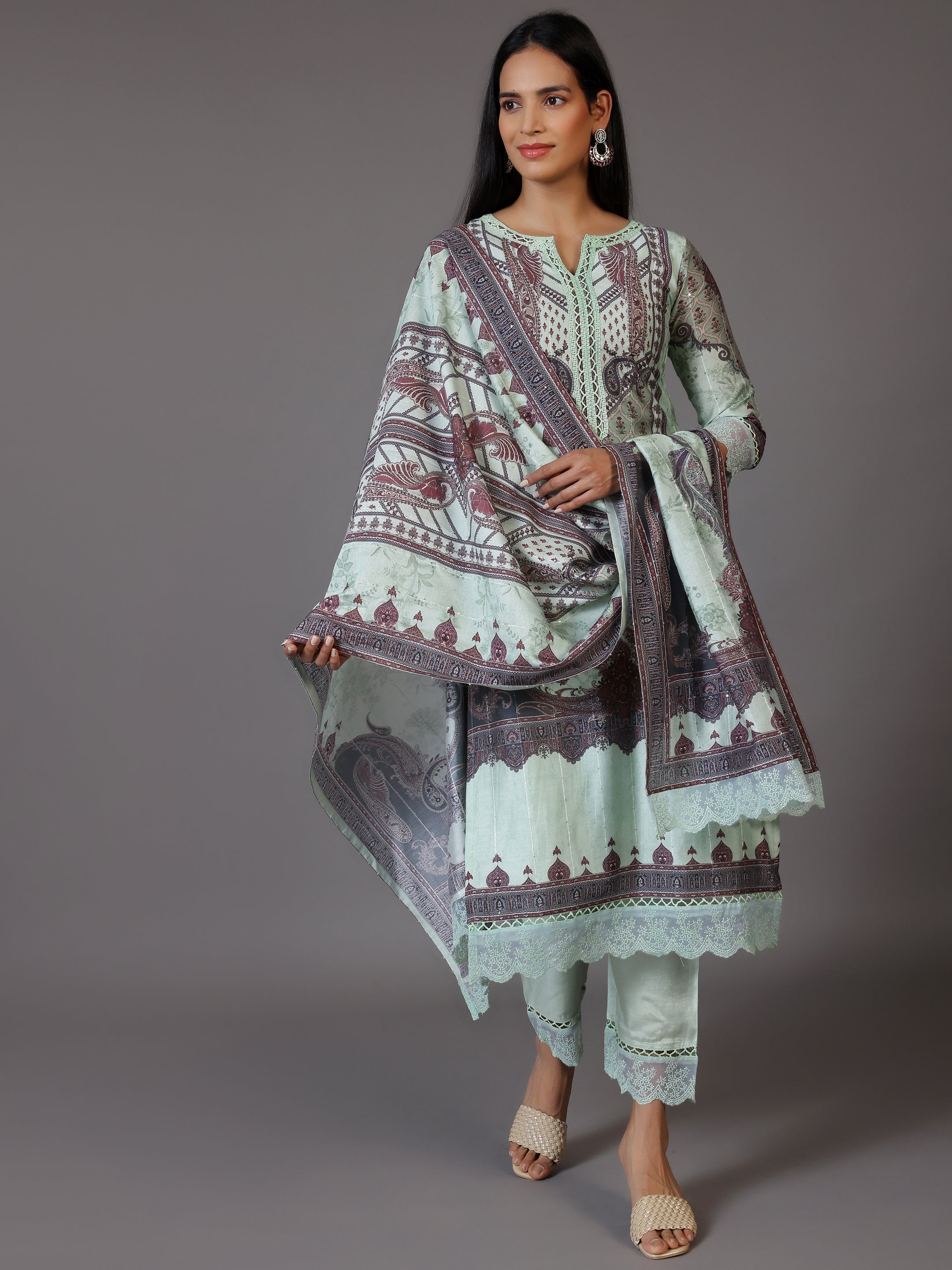 Green Printed Silk Blend Straight Suit With Dupatta