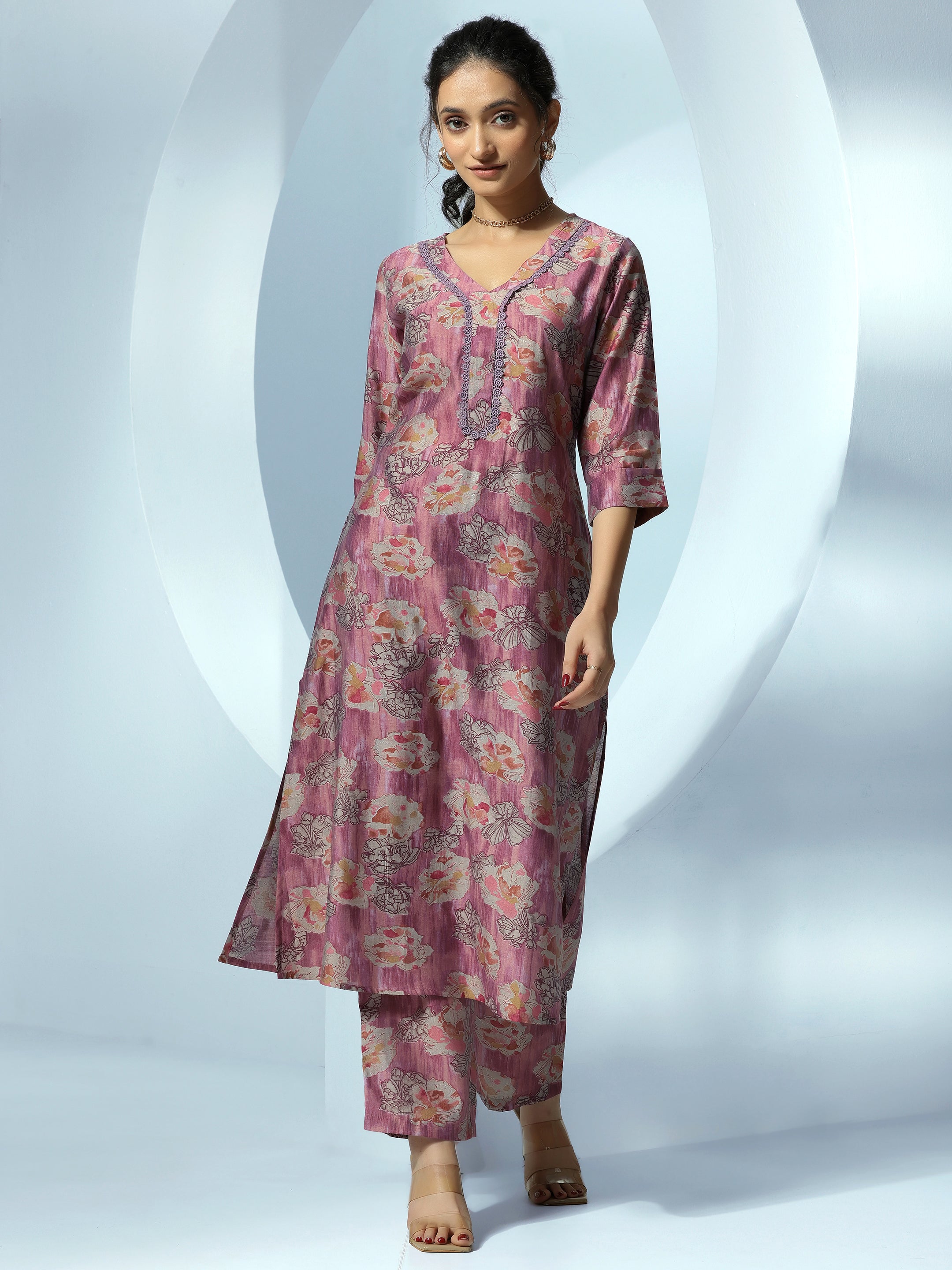 Mauve Printed Silk Blend Kurta Set