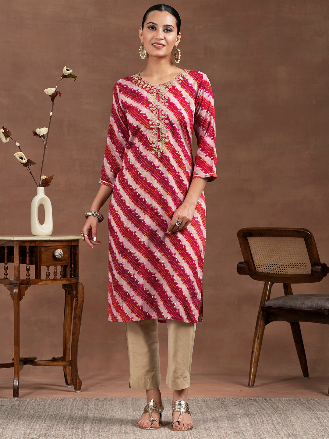 Pink Printed Rayon Straight Kurta