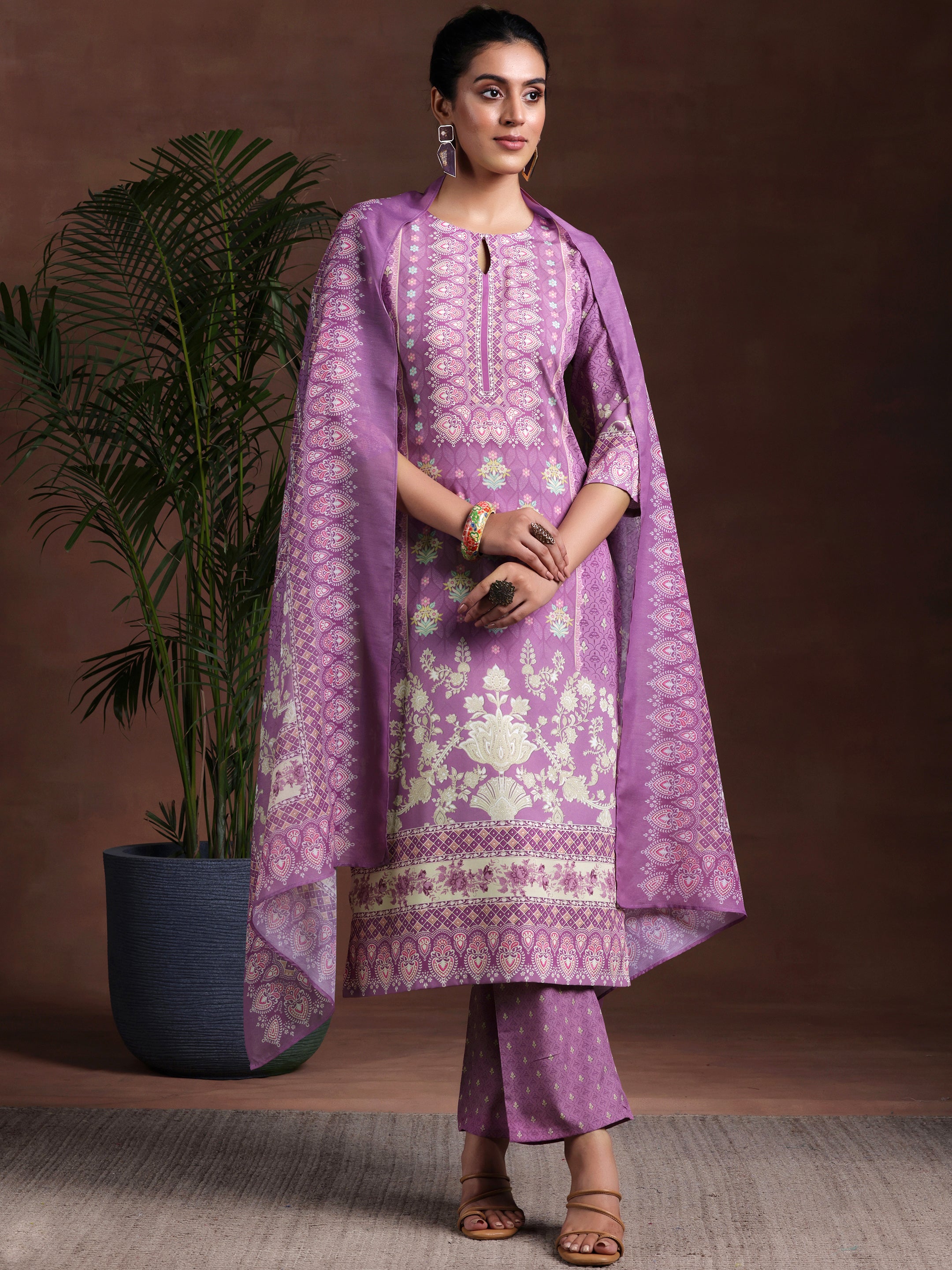 Purple Printed Poly Crepe Straight Suit With Dupatta