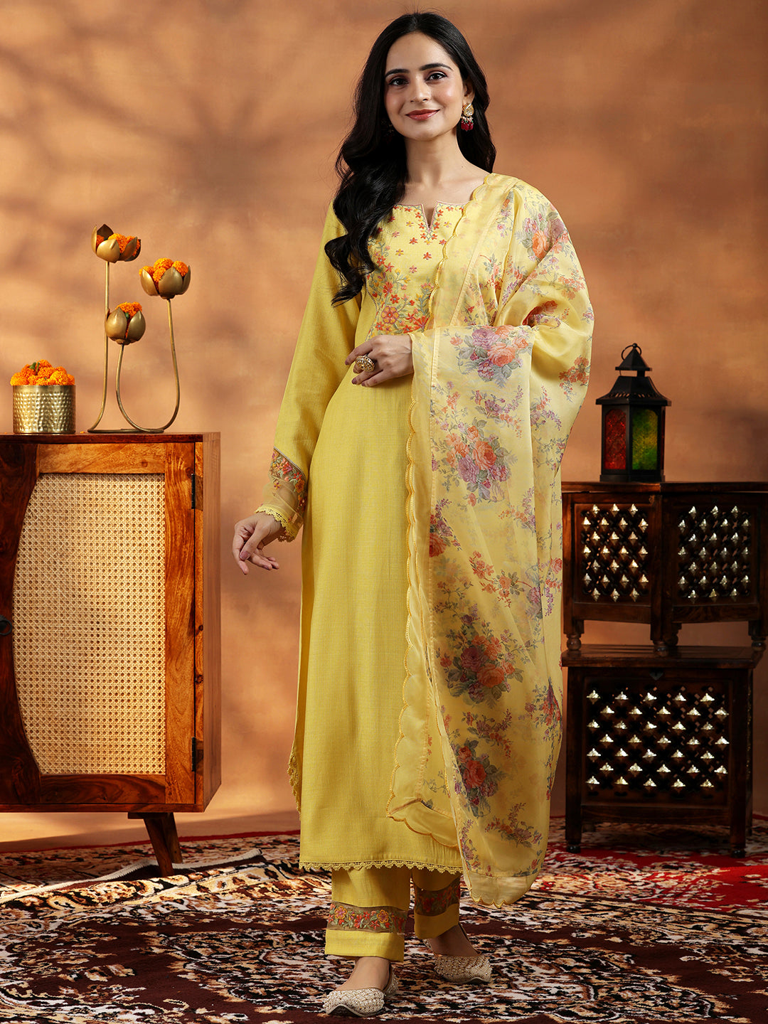 Yellow Yoke Design Silk Blend Straight Suit With Dupatta