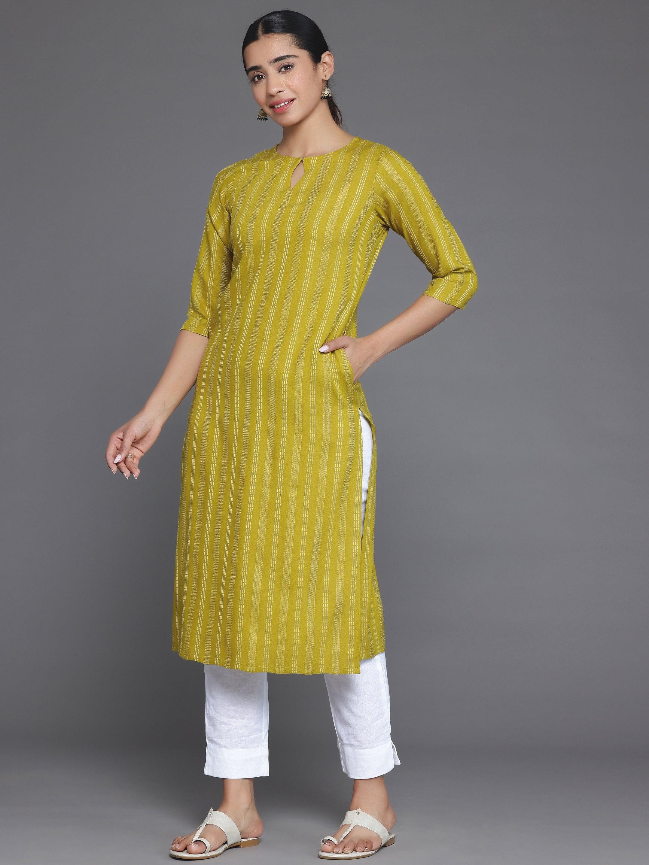 Mustard Striped Rayon Straight Kurta