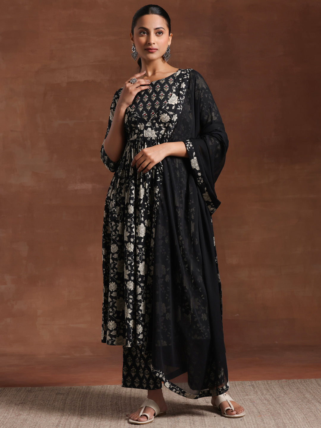 Black Printed Pure Cotton Anarkali Suit With Dupatta