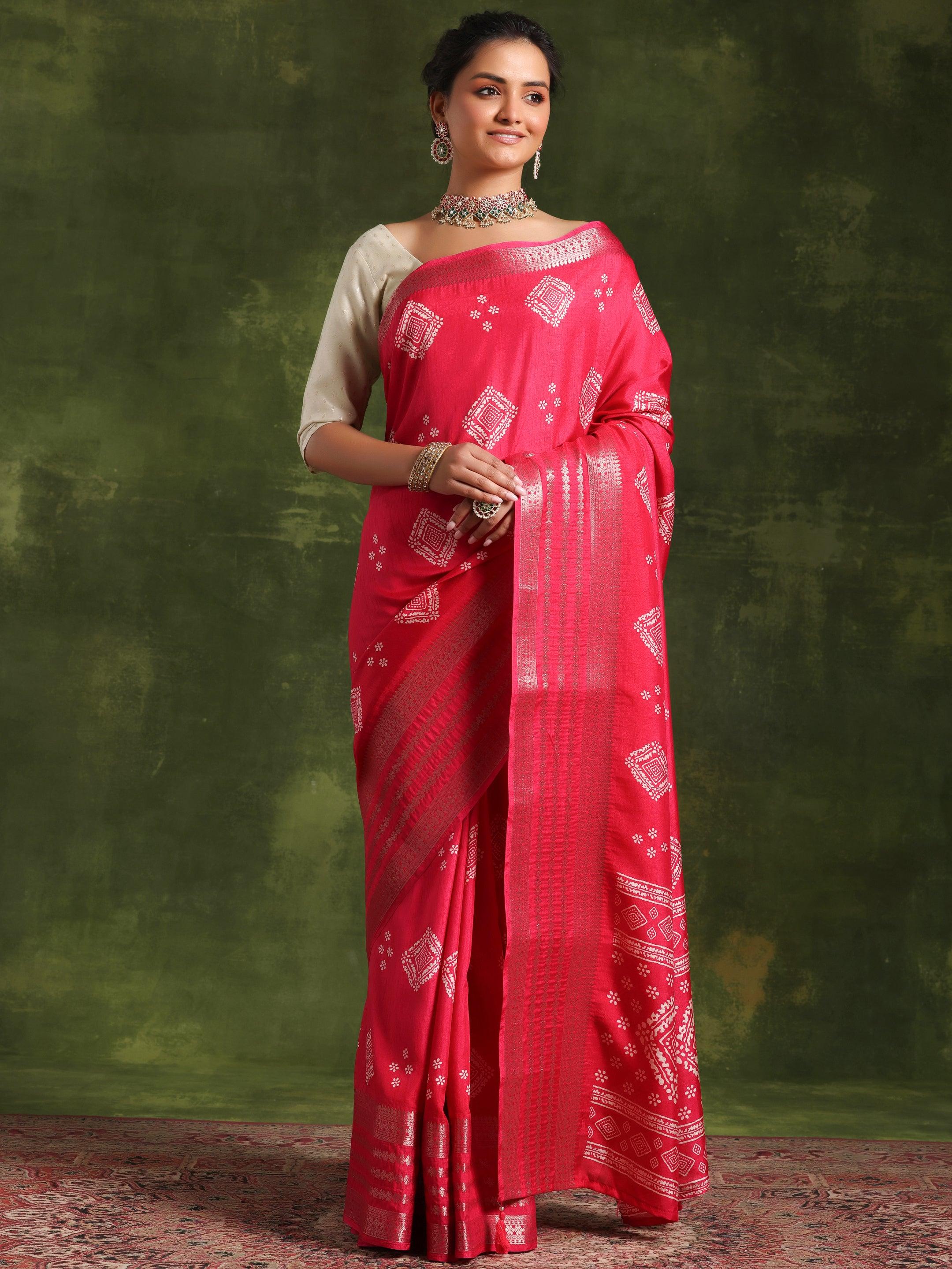 Pink Printed Silk Blend Saree With Unstitched Blouse Piece