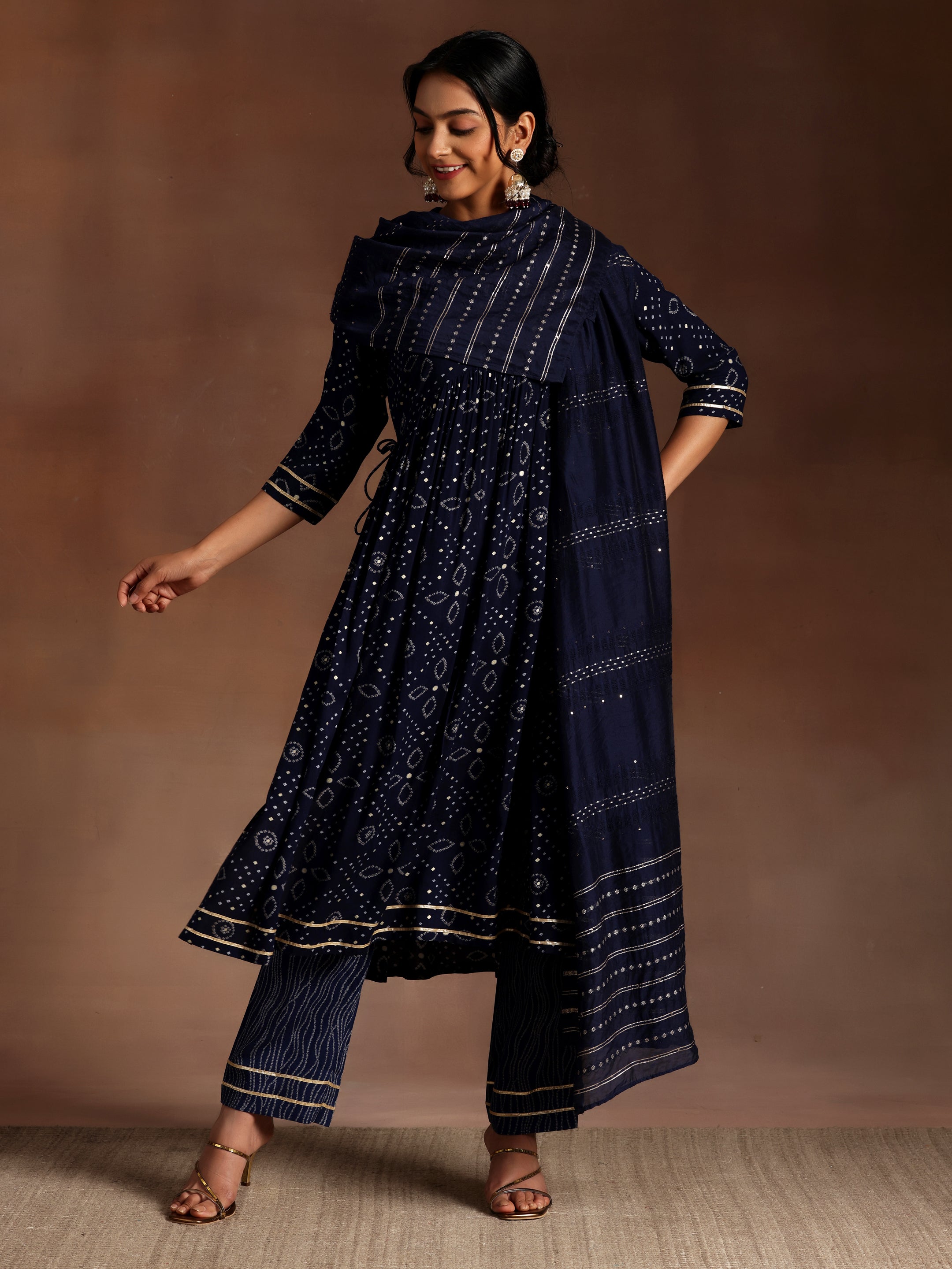 Blue Printed Rayon A-Line Kurta With Palazzos & Dupatta