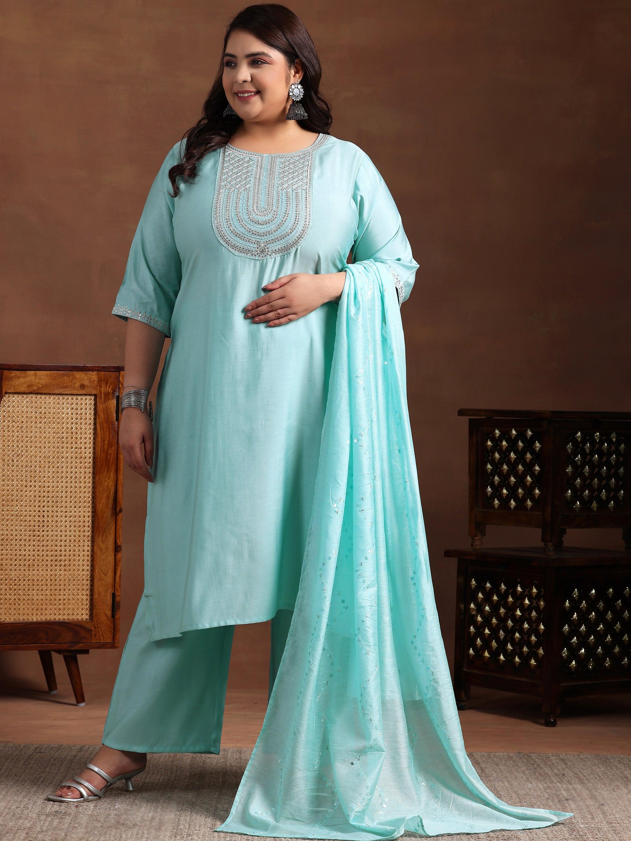 Plus Size Blue Yoke Design Silk Blend Straight Suit With Dupatta