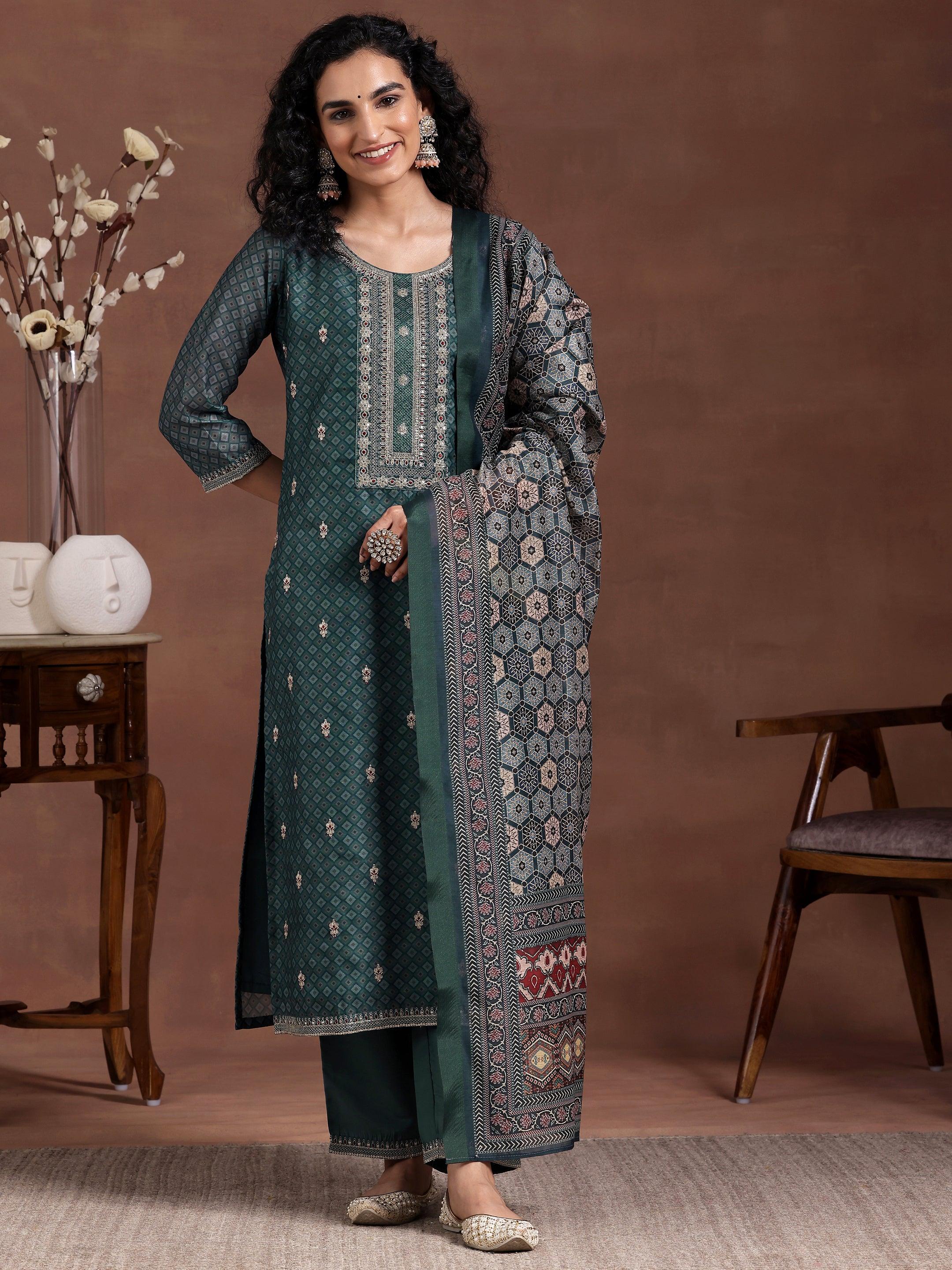 Teal Printed Silk Blend Straight Suit With Dupatta