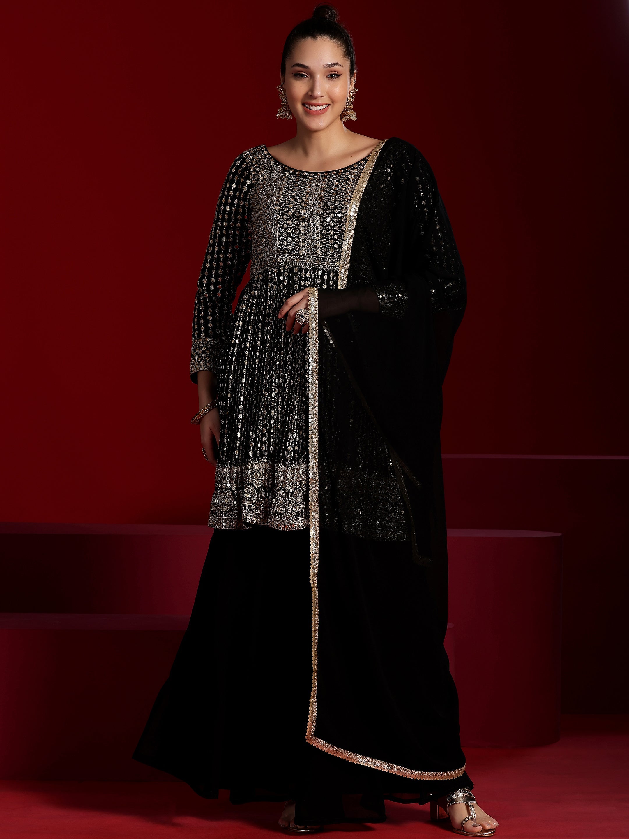 Libas Art Black Embroidered Georgette A-Line Kurta With Palazzos & Dupatta