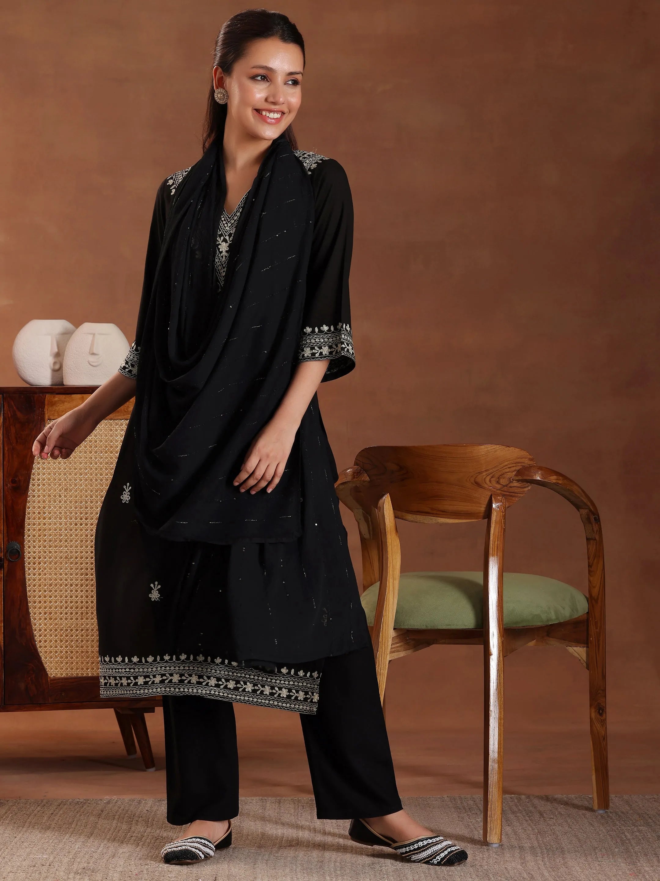 Black Embroidered Rayon Straight Suit With Dupatta