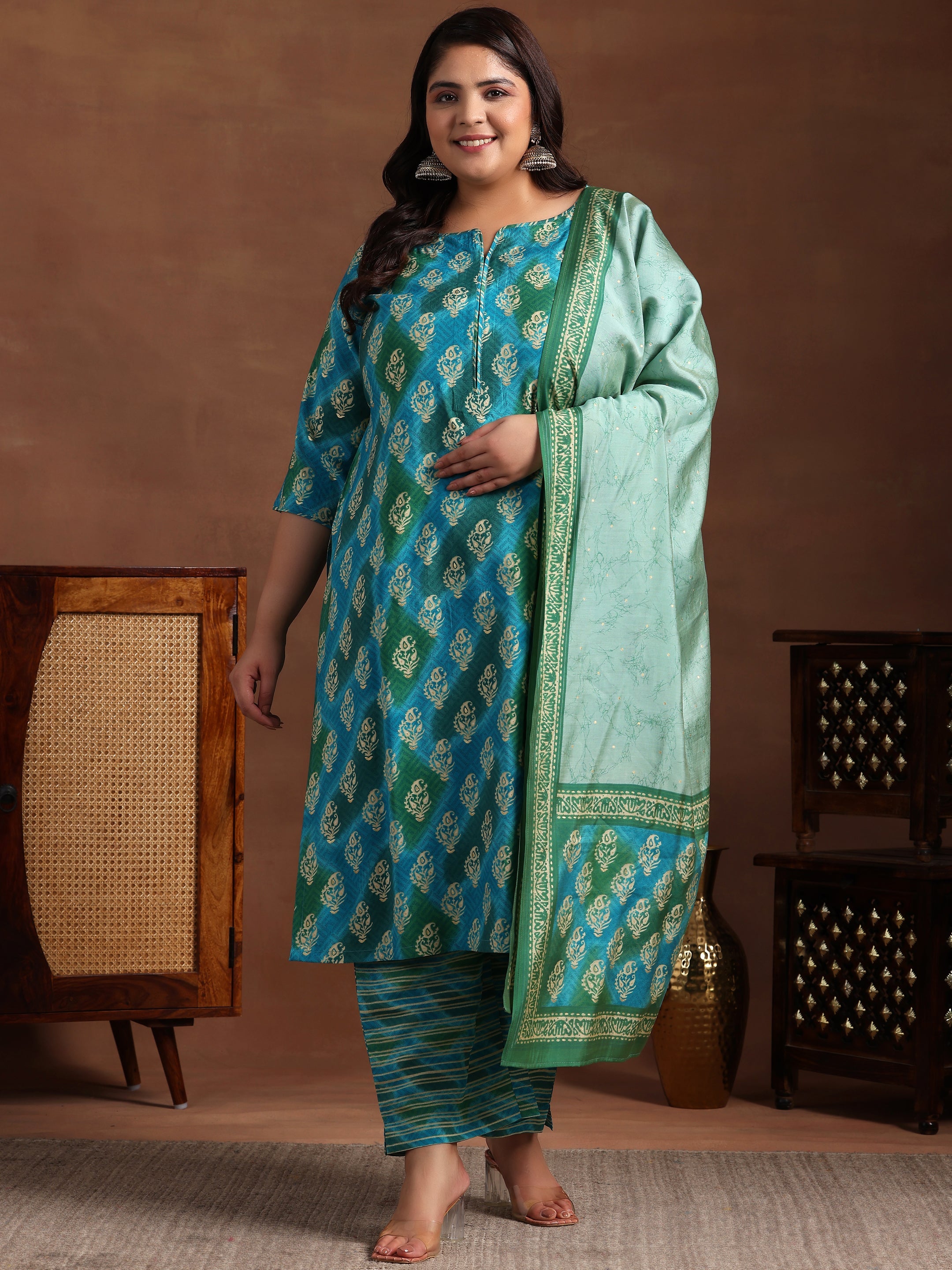 Plus Size Blue Printed Silk Blend Straight Suit With Dupatta