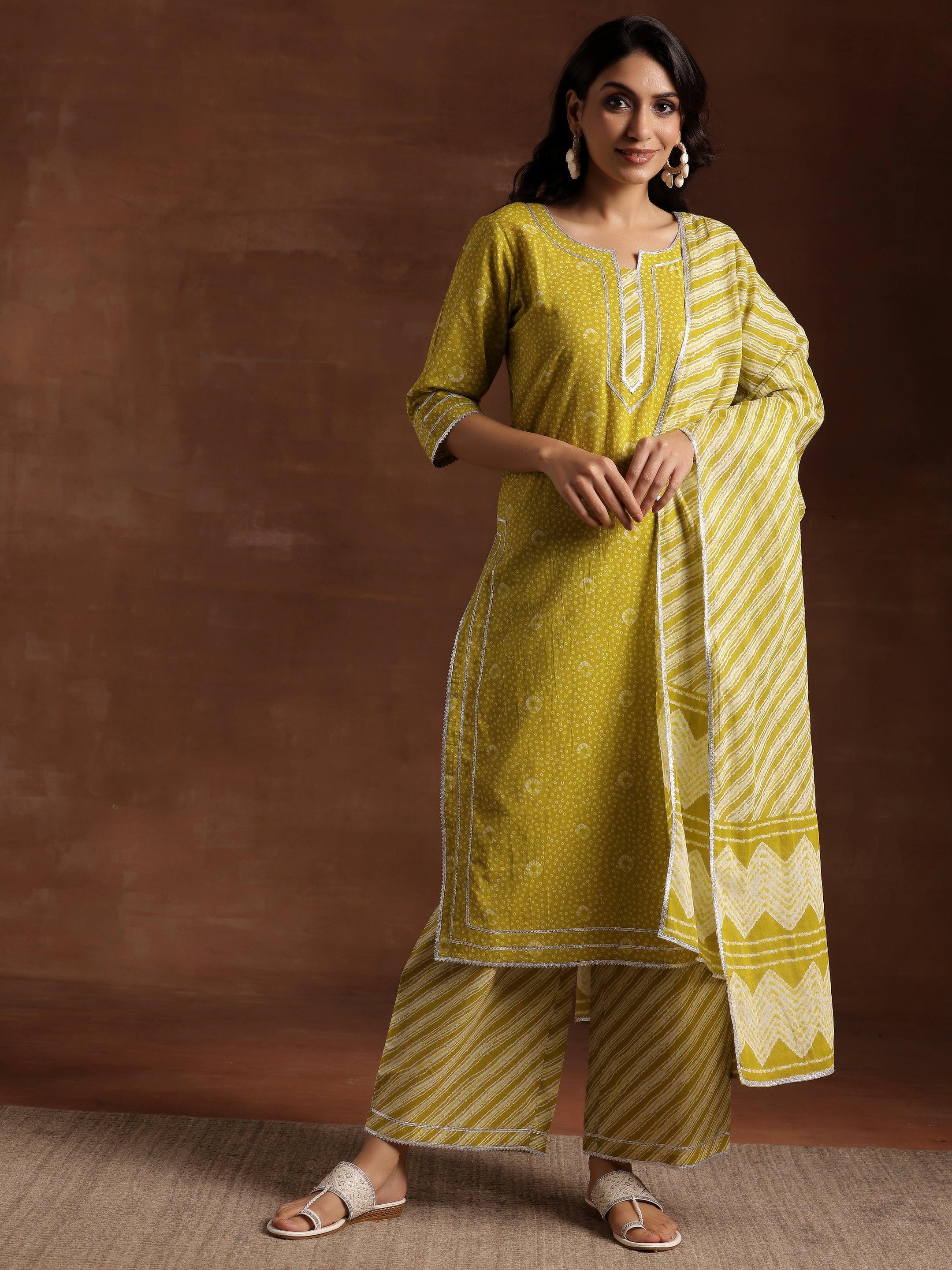 Lime Green Printed Cotton Straight Suit With Dupatta