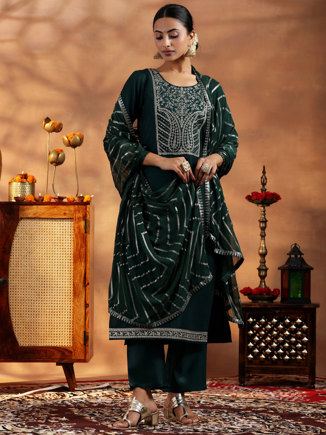 Green Embroidered Silk Blend A-Line Kurta With Trousers & Dupatta