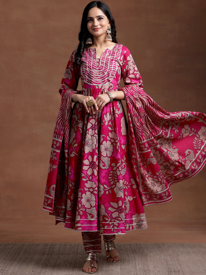 Magenta Printed Cotton Anarkali Suit With Dupatta