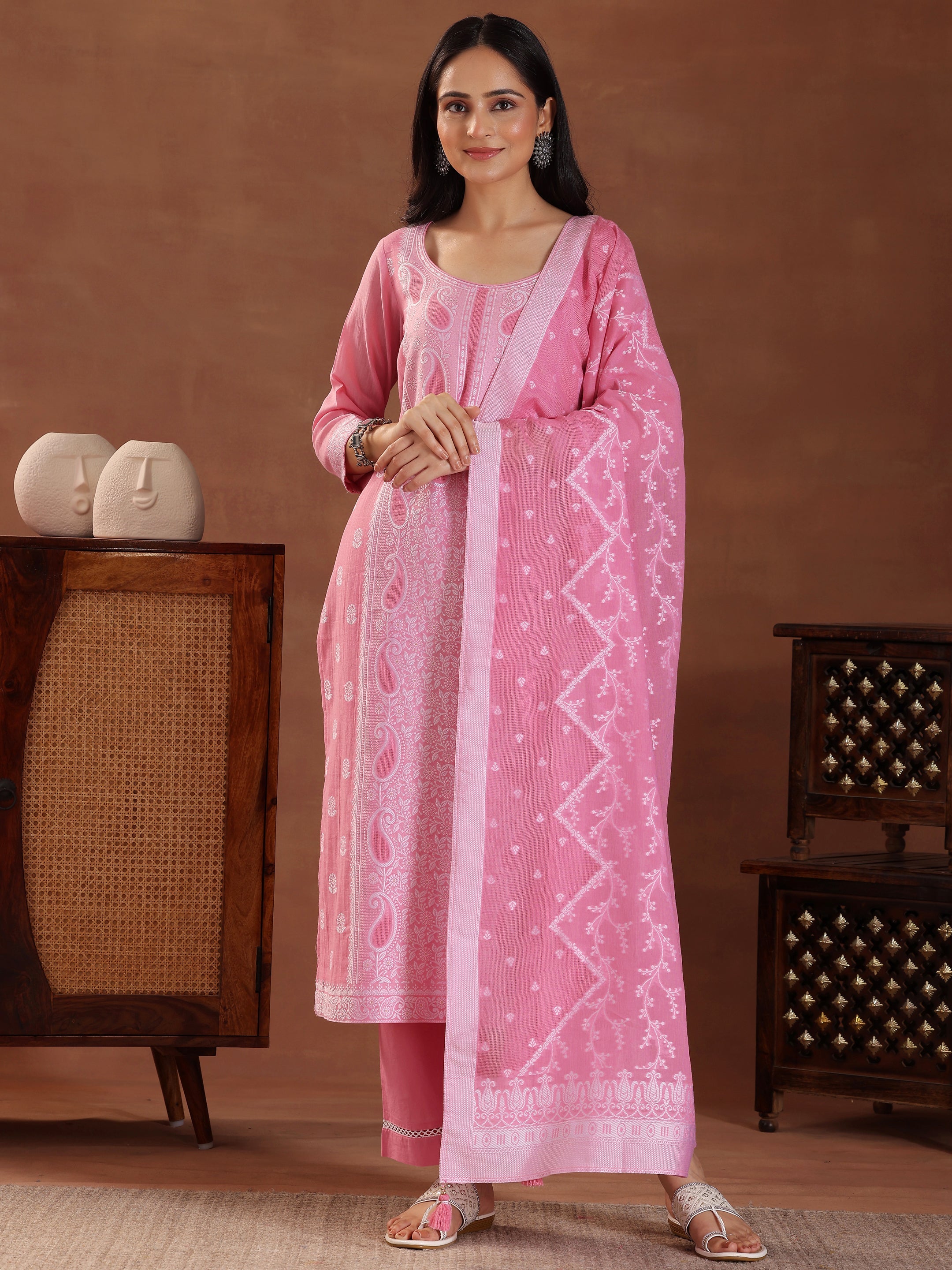 Pink Woven Design Cotton Straight Suit With Dupatta