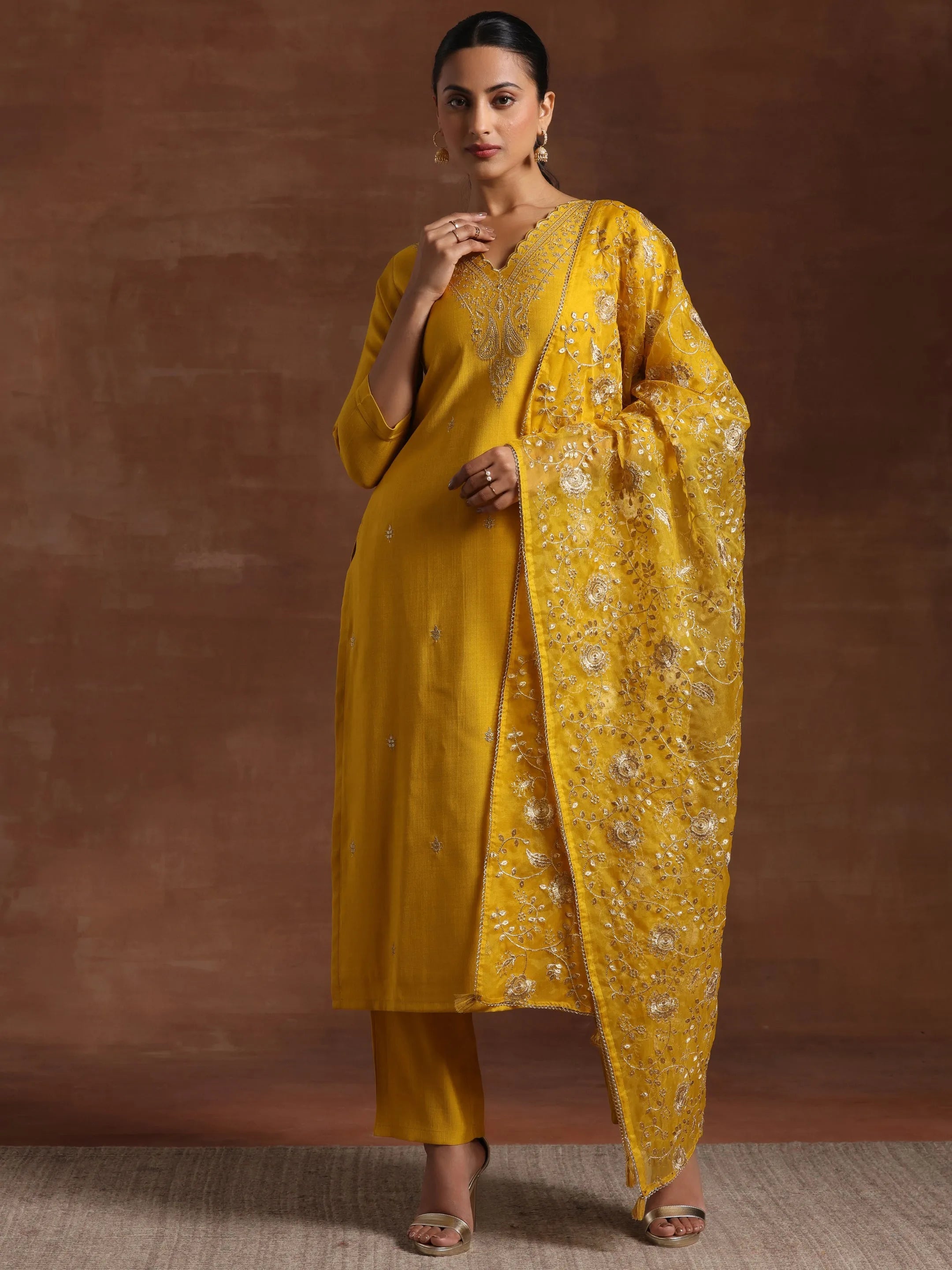 Mustard Embroidered Silk Blend Straight Suit With Dupatta