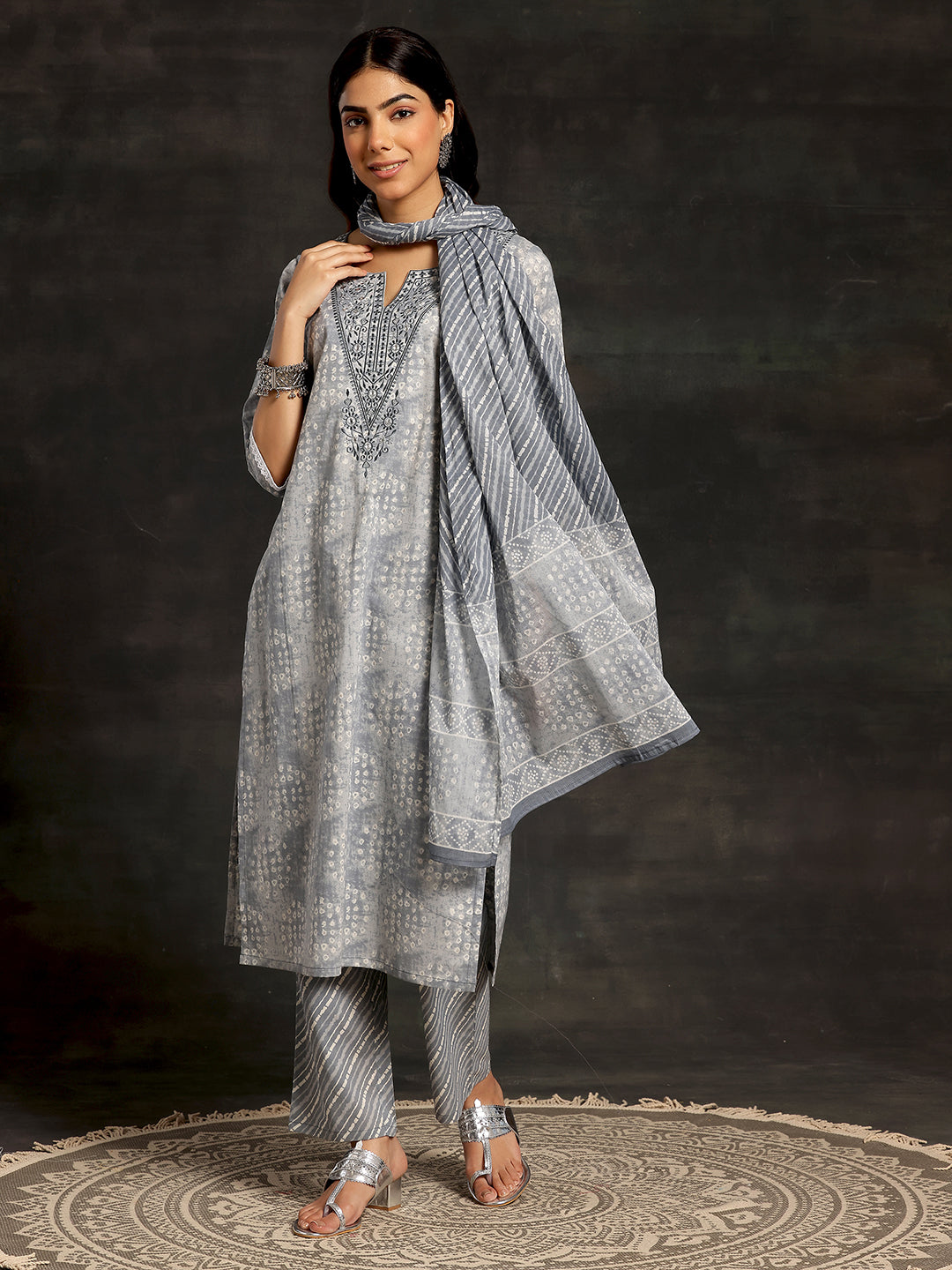 Grey Printed Cotton Straight Suit With Dupatta