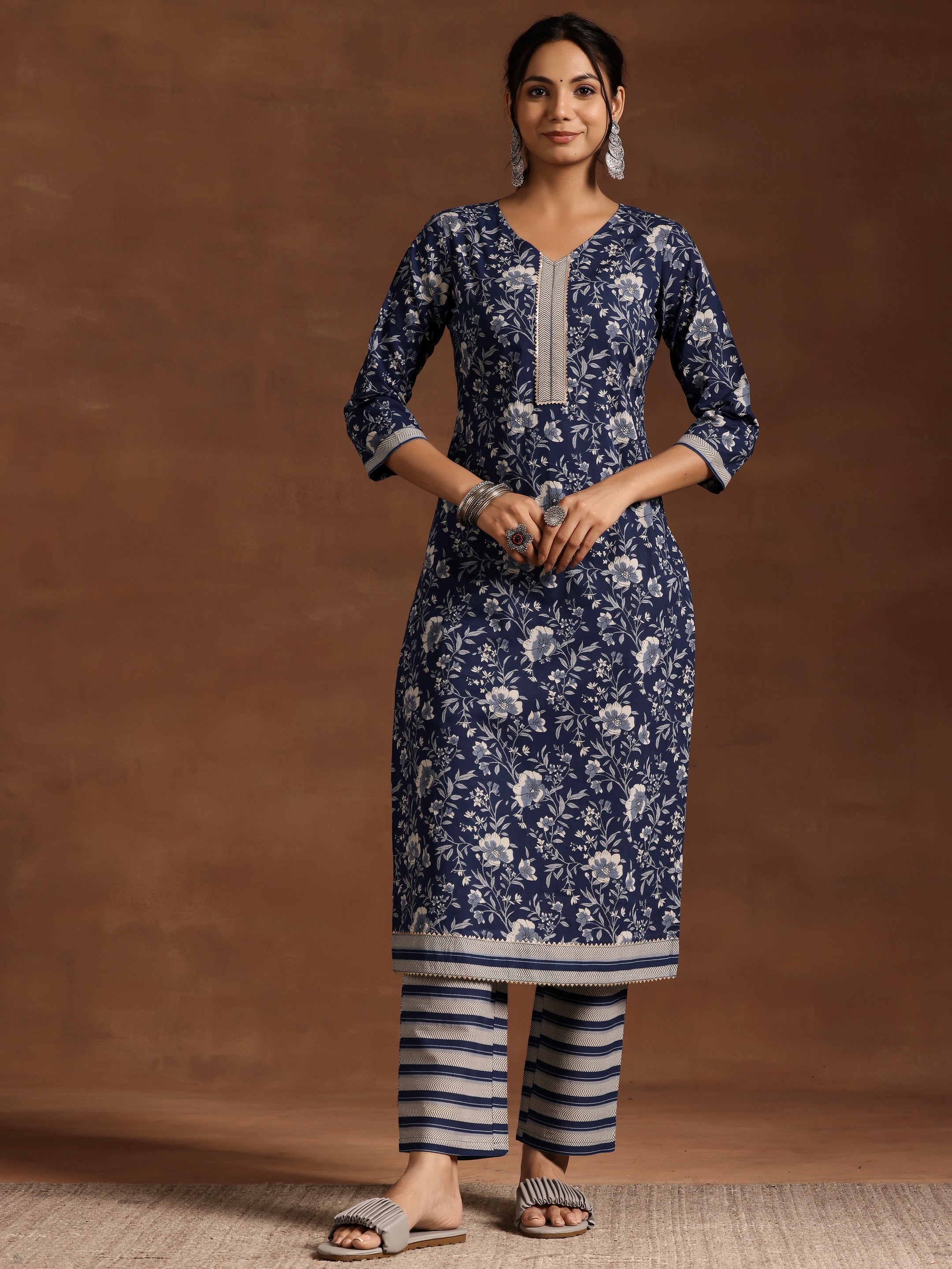 Blue Printed Cotton Straight Kurta Set