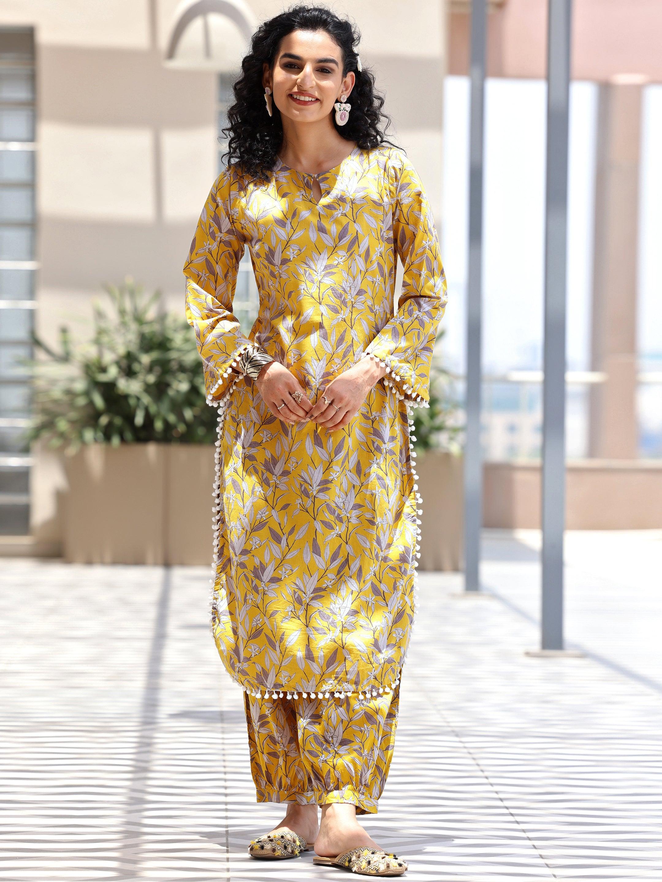 Mustard Printed Cotton Pathani Kurta Set