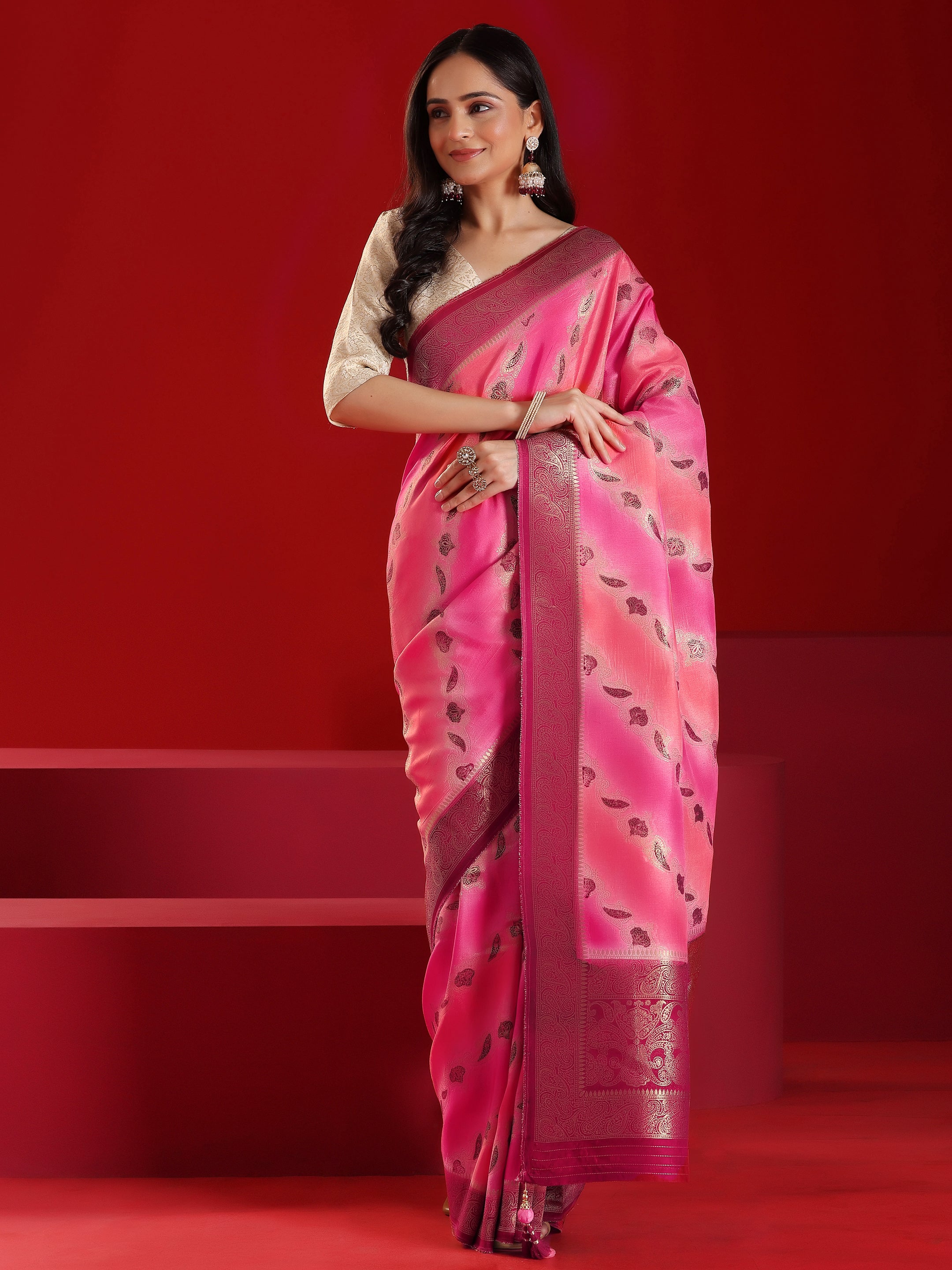 Libas Art Pink Woven Design Satin Saree With Unstitched  Blouse Piece