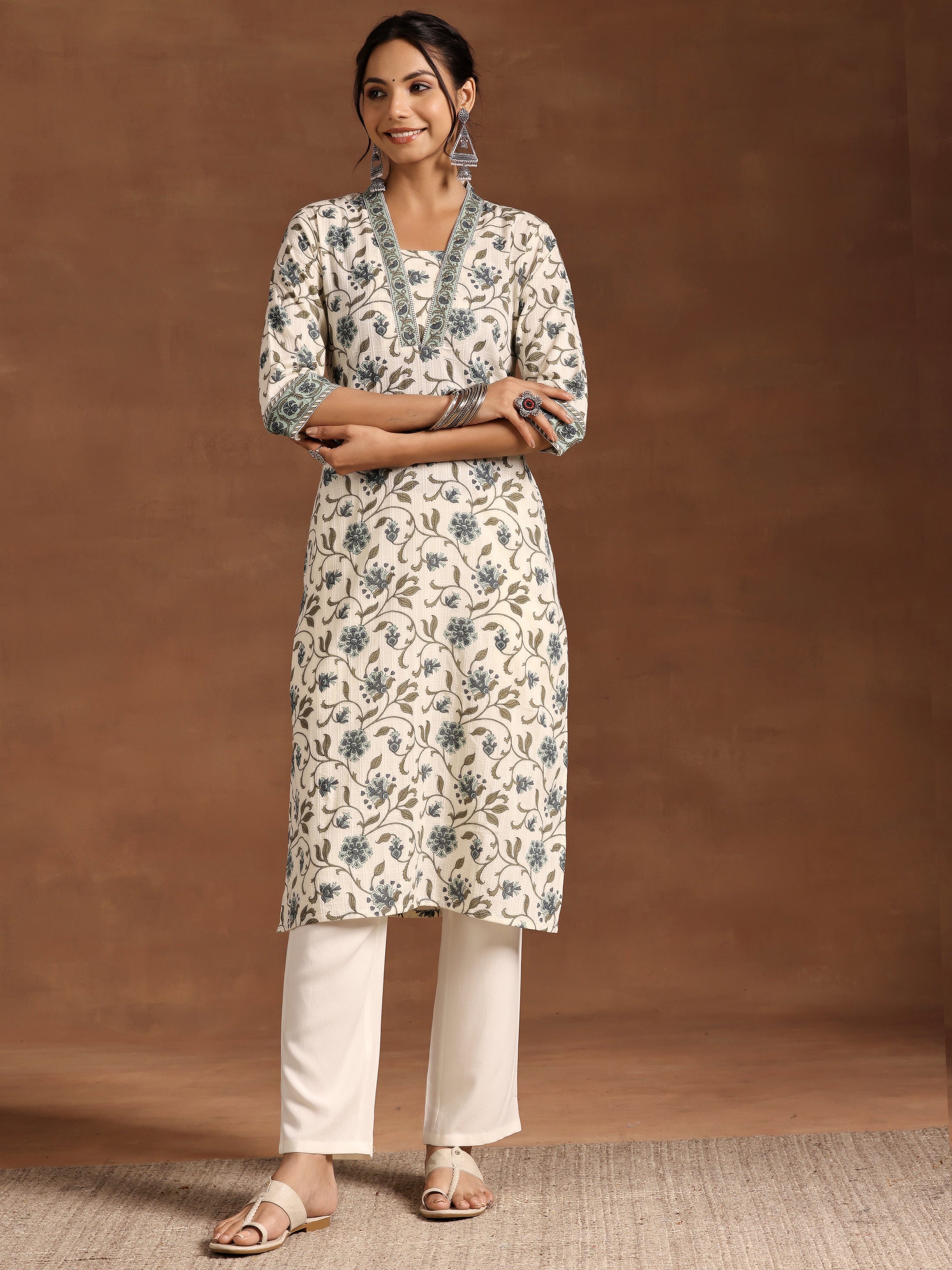 Off White Printed Cotton Straight Kurta