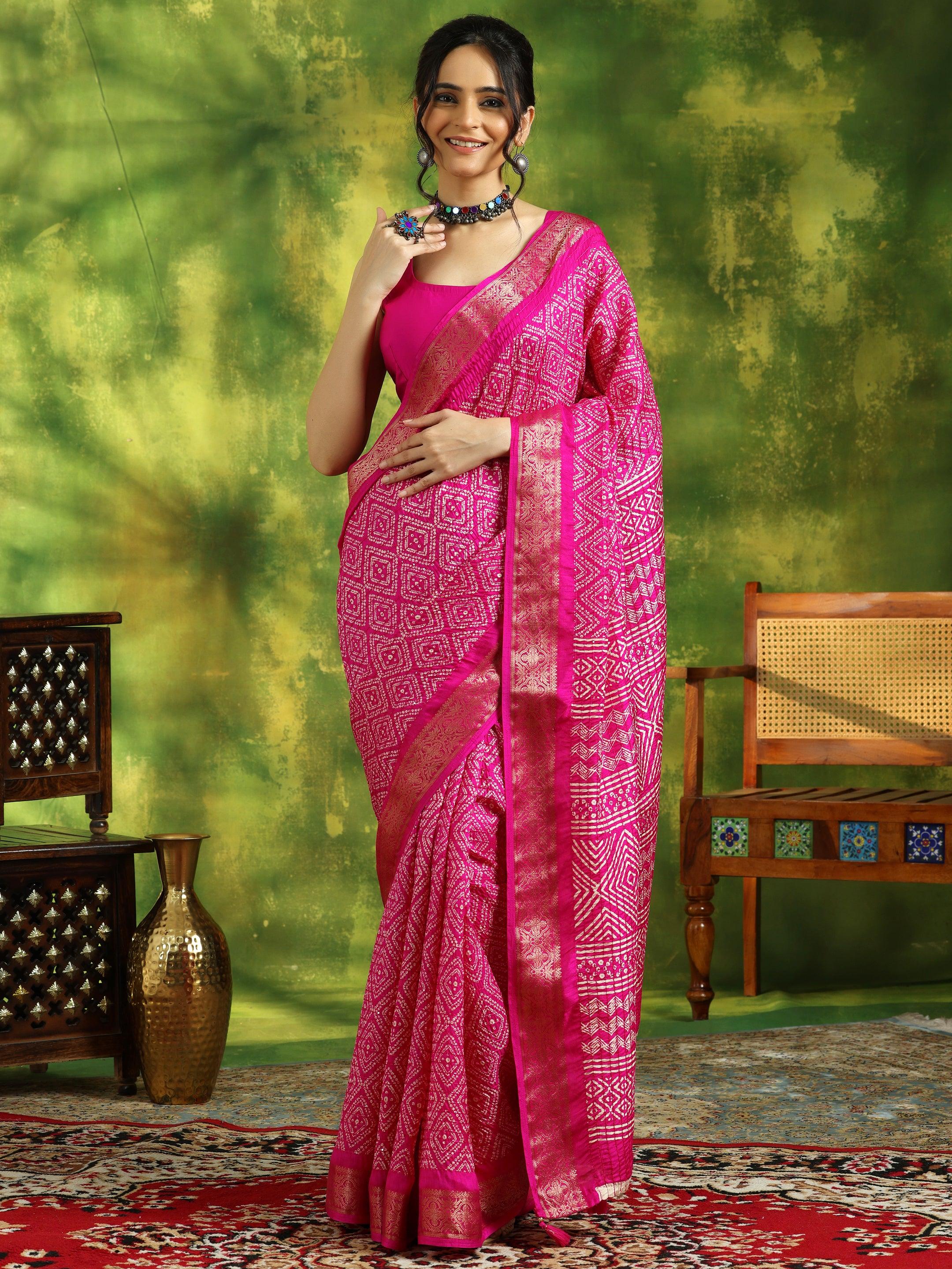 Pink Printed Silk Blend Saree With Unstitched Blouse Piece