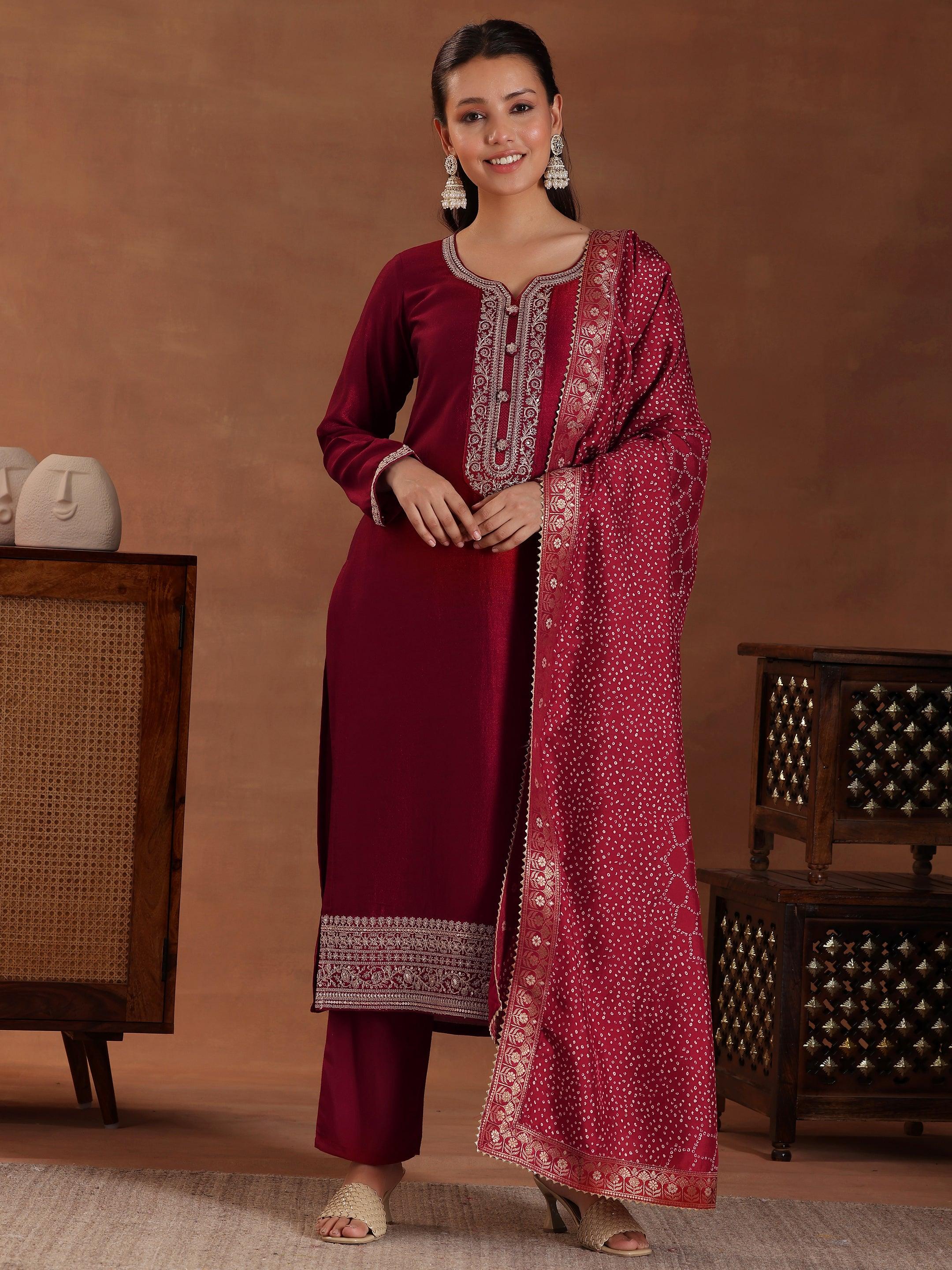 Maroon Embroidered Silk Blend Straight Suit With Dupatta