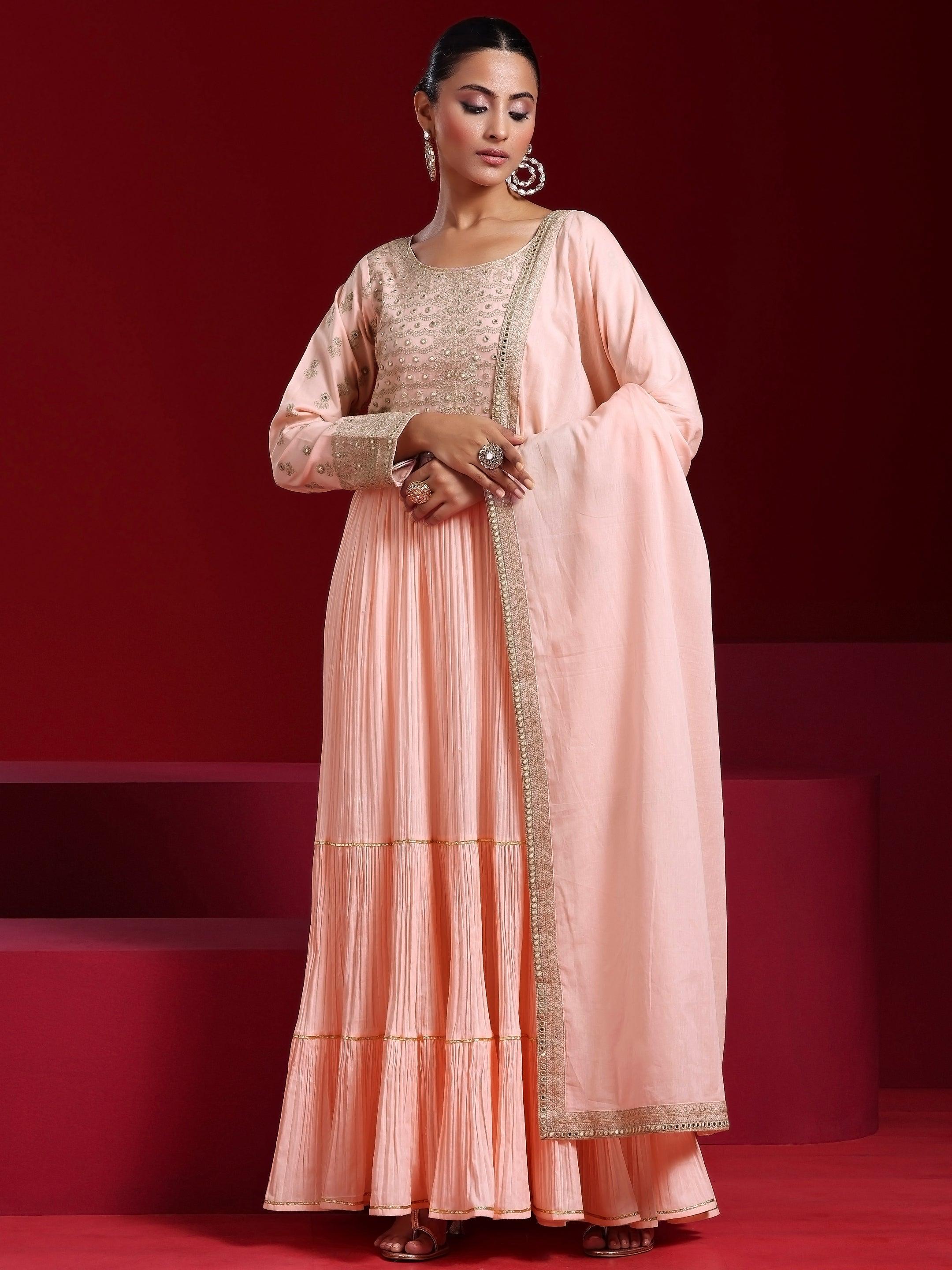 Libas Art Peach Embroidered Cotton Blend A-Line Kurta With Sharara & Dupatta